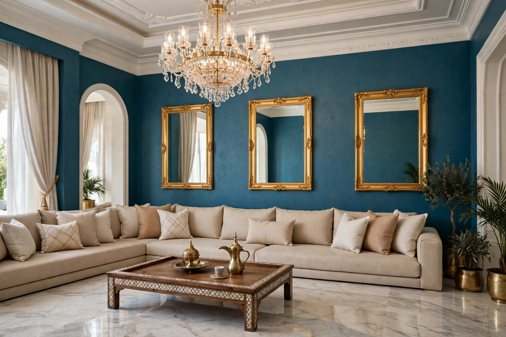 Deep teal majlis painting ideas themes, luxurious painted majlis with chandelier and gold mirrors