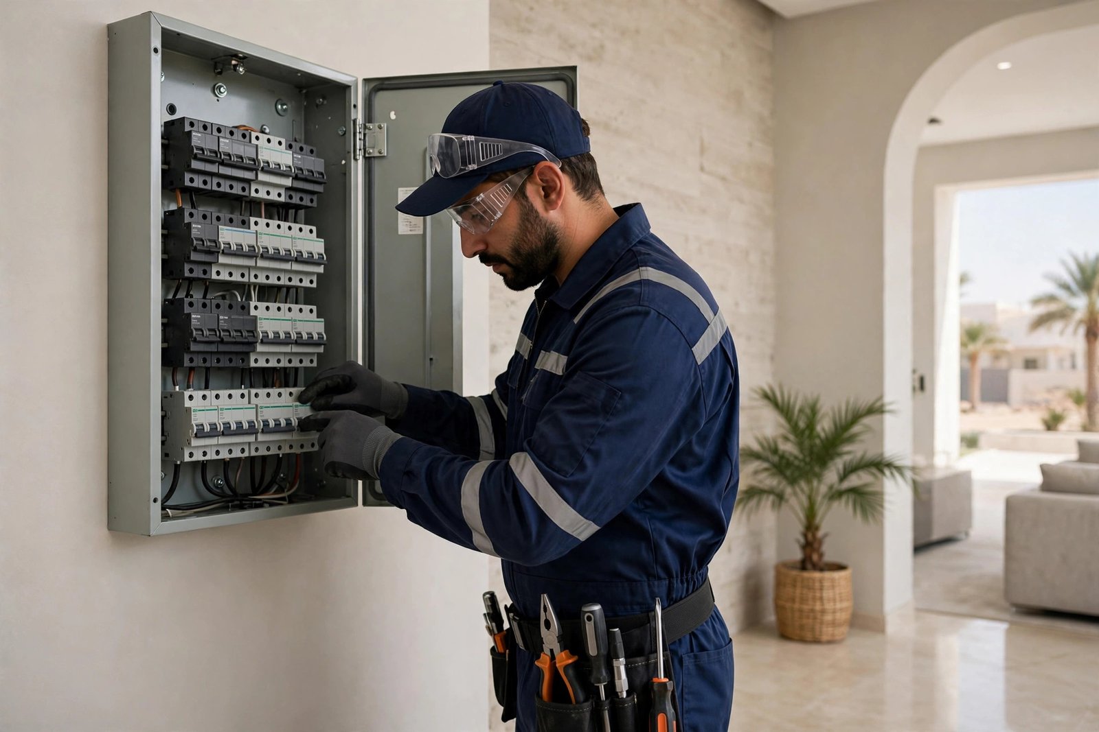 Electrician switching off circuit breaker as part of burning smell outlet steps in Riyadh villa
