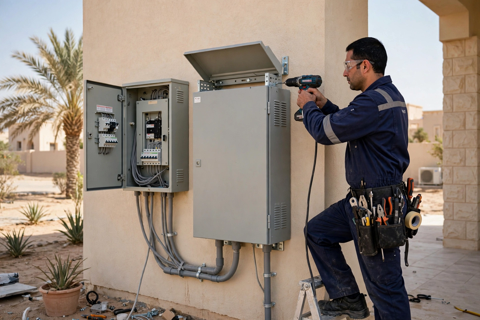 electrician installing mainline voltage stabilizer for split ac units Riyadh