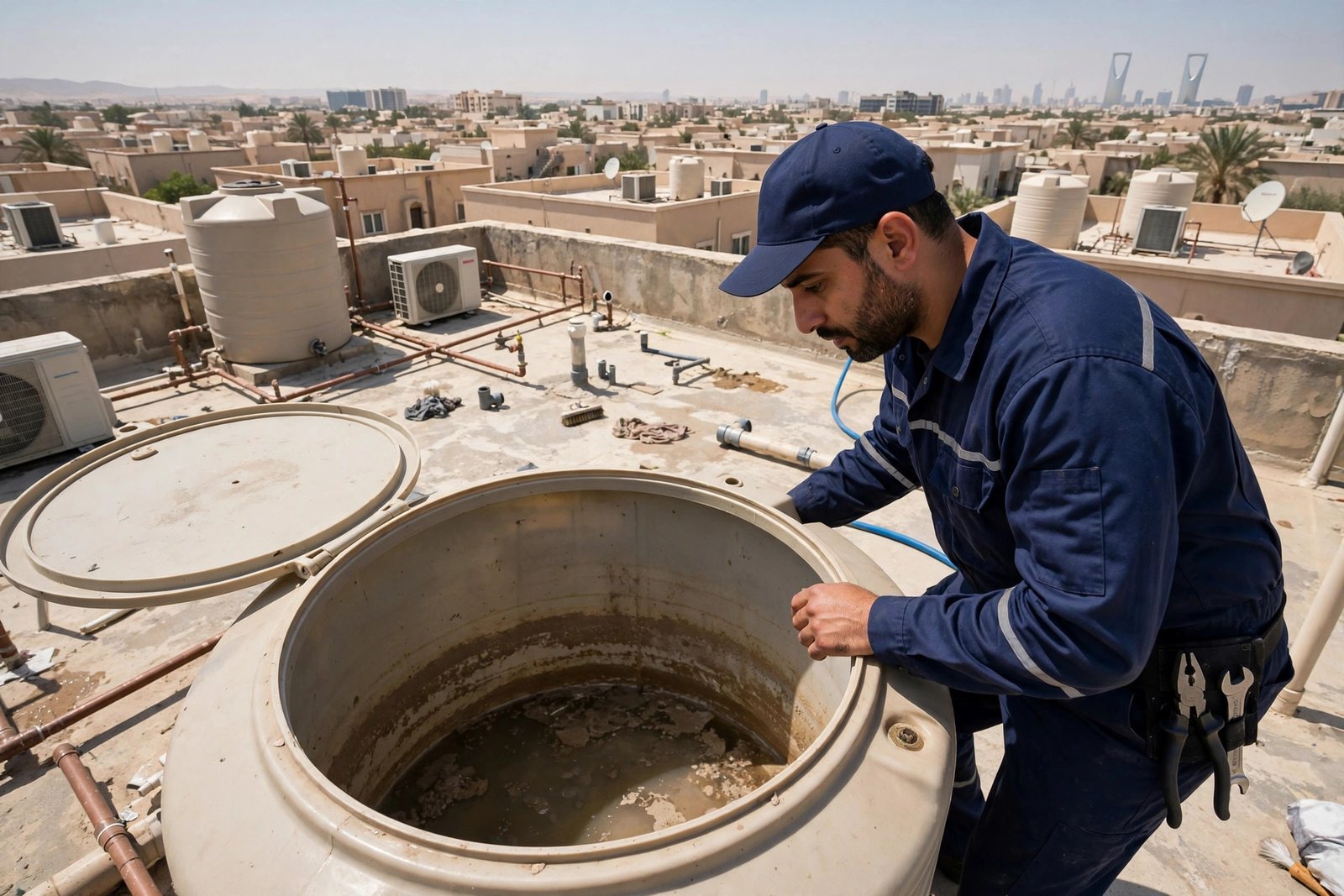 Rooftop water tank sediment, a common yellow tap water reason in Riyadh villas