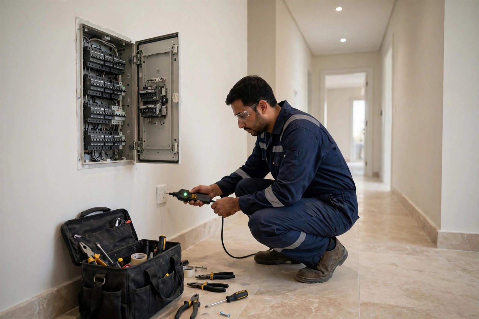 Certified electrician testing socket circuits at the distribution board as part of villa socket planning in Riyadh