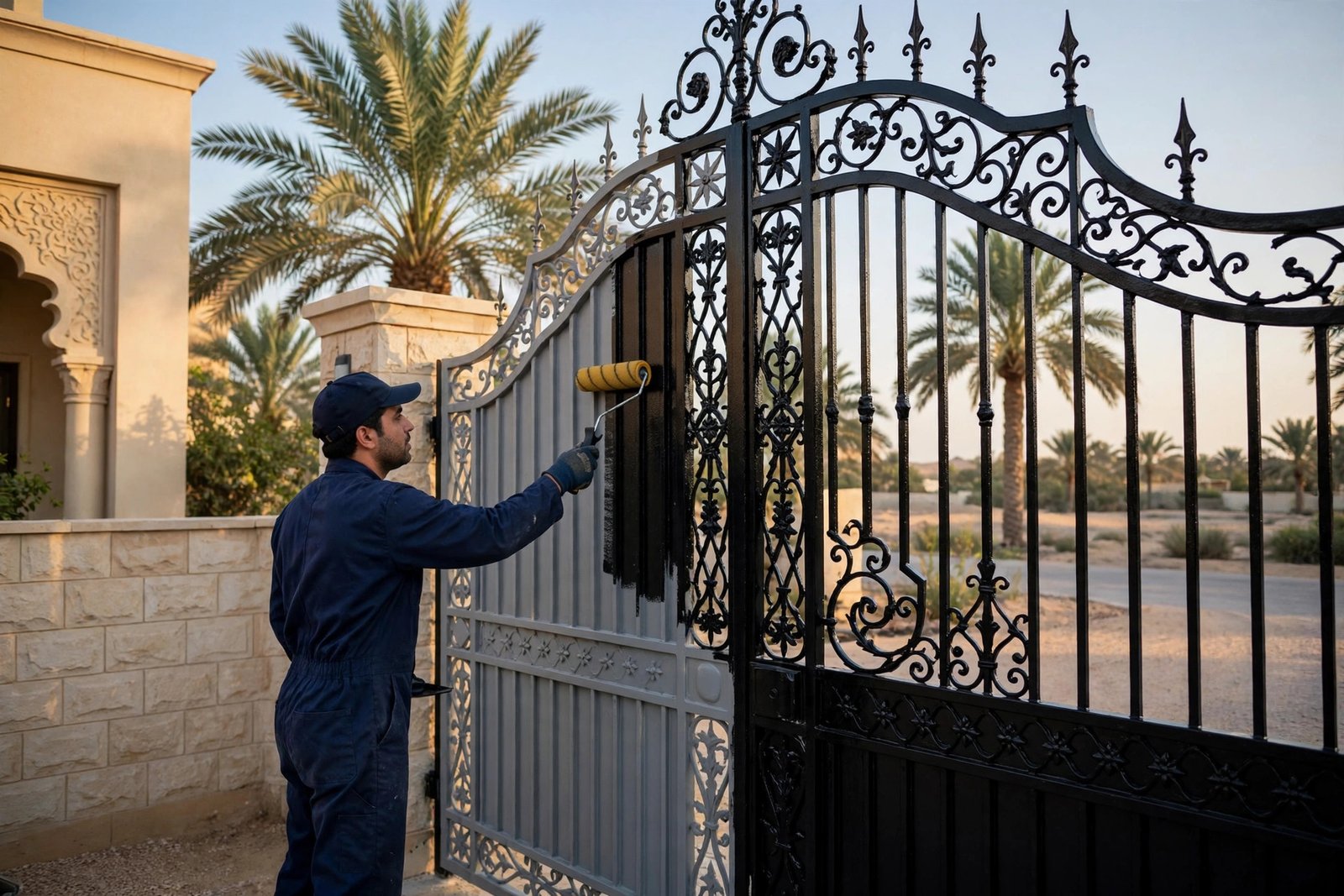 Painter rolling black exterior topcoat as part of metal gate painting steps in Riyadh