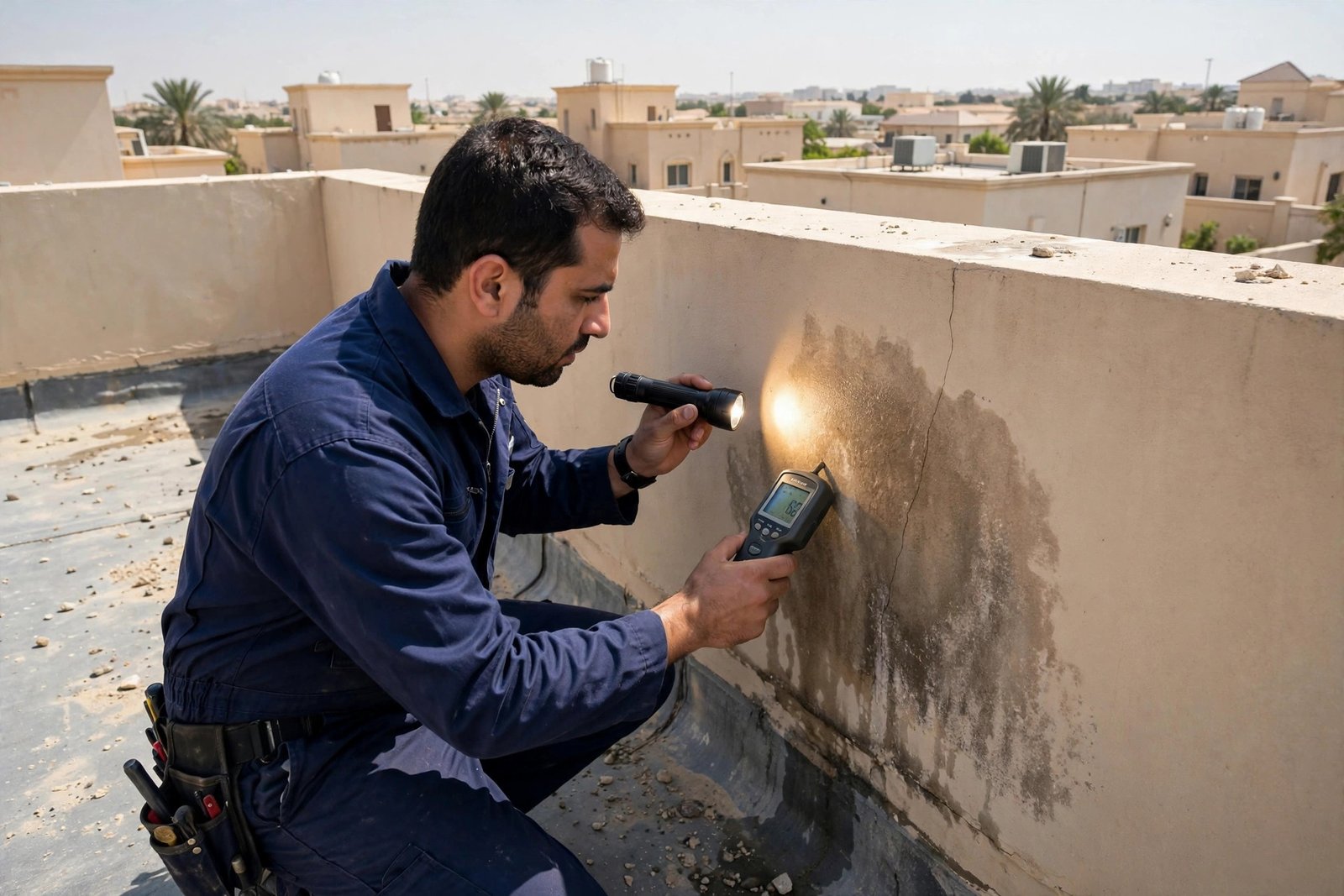 Parapet wall leakage repair: technician inspecting a damp parapet wall with a moisture meter in Riyadh