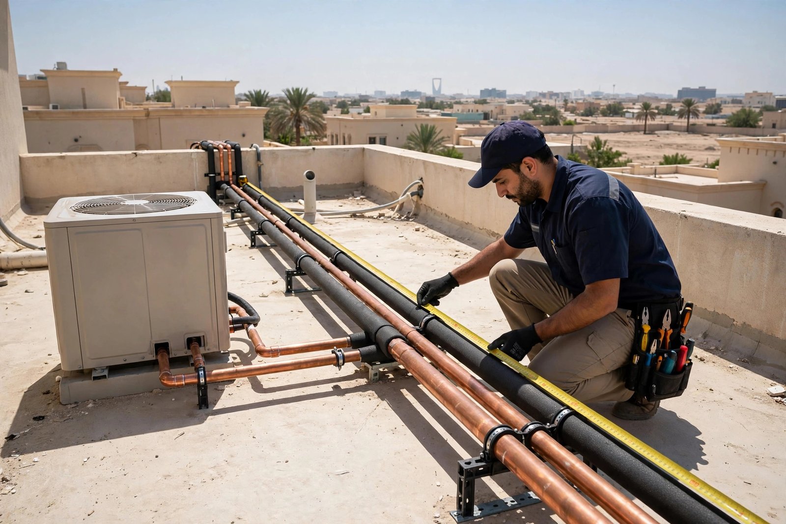 Technician measuring a long copper pipe run on a Saudi villa roof, the measured length that determines AC copper pipe charges