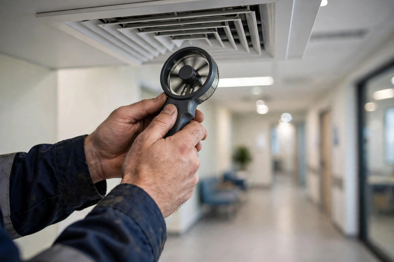 Technician measuring airflow with an anemometer at a clinic vent for clinic HVAC standards compliance
