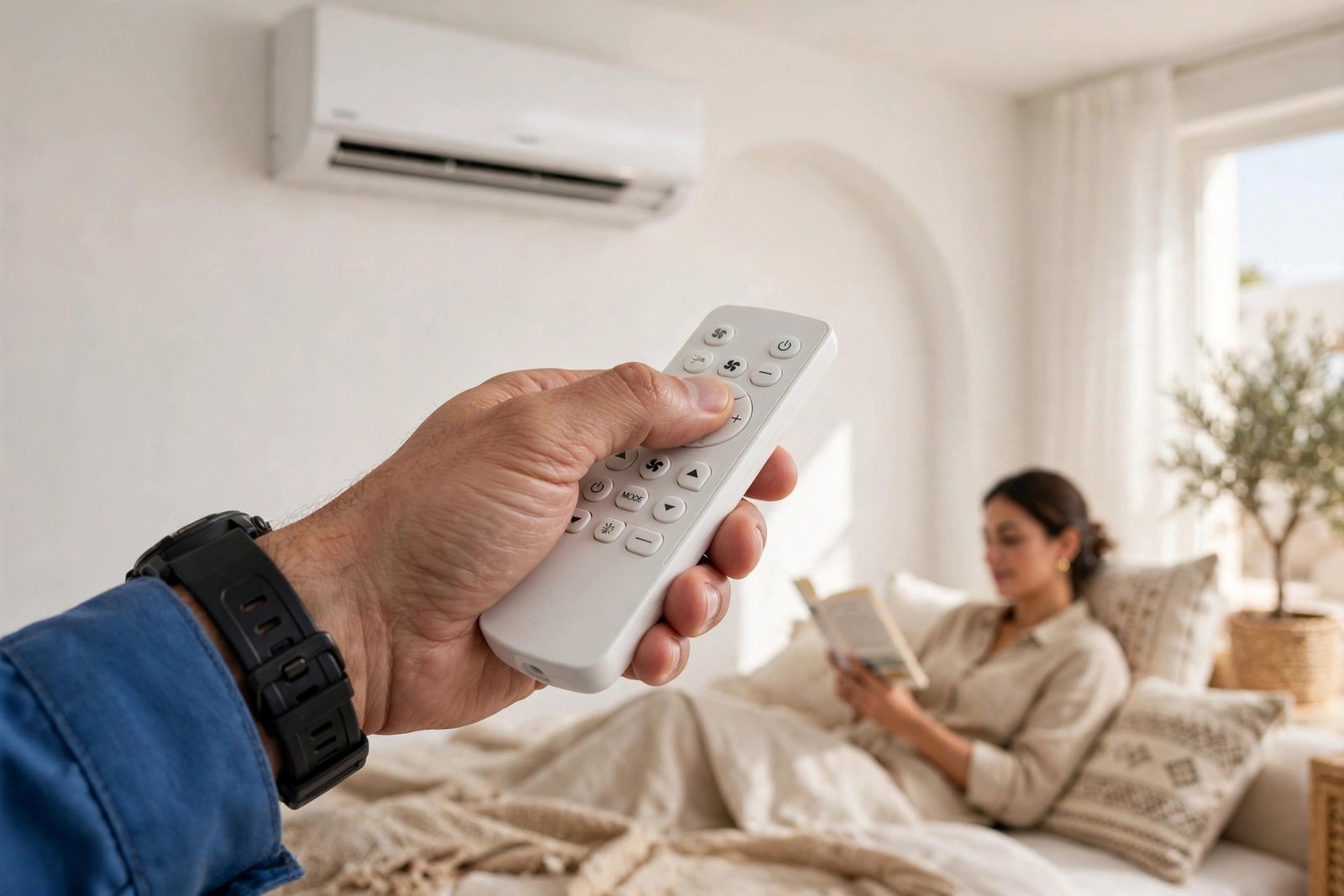 Technician setting dry mode on a split AC remote, showing correct ac dry mode best use technique in a Riyadh home