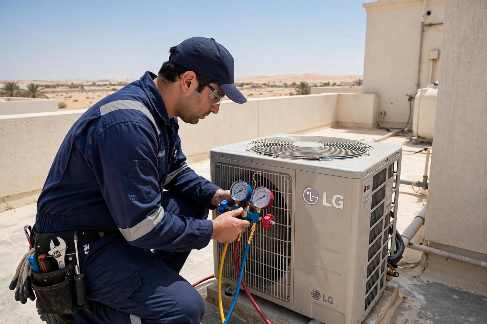 Outdoor LG condenser unit inspection for lg ac repair riyadh on a Saudi villa rooftop