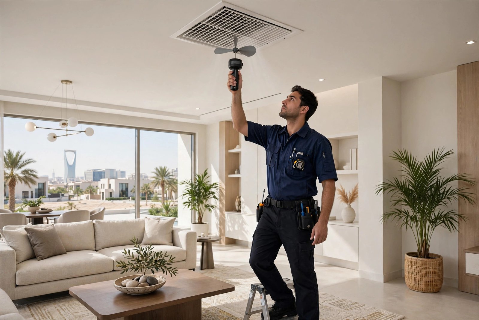 Technician measuring airflow at a ceiling grille for home ventilation systems riyadh installation