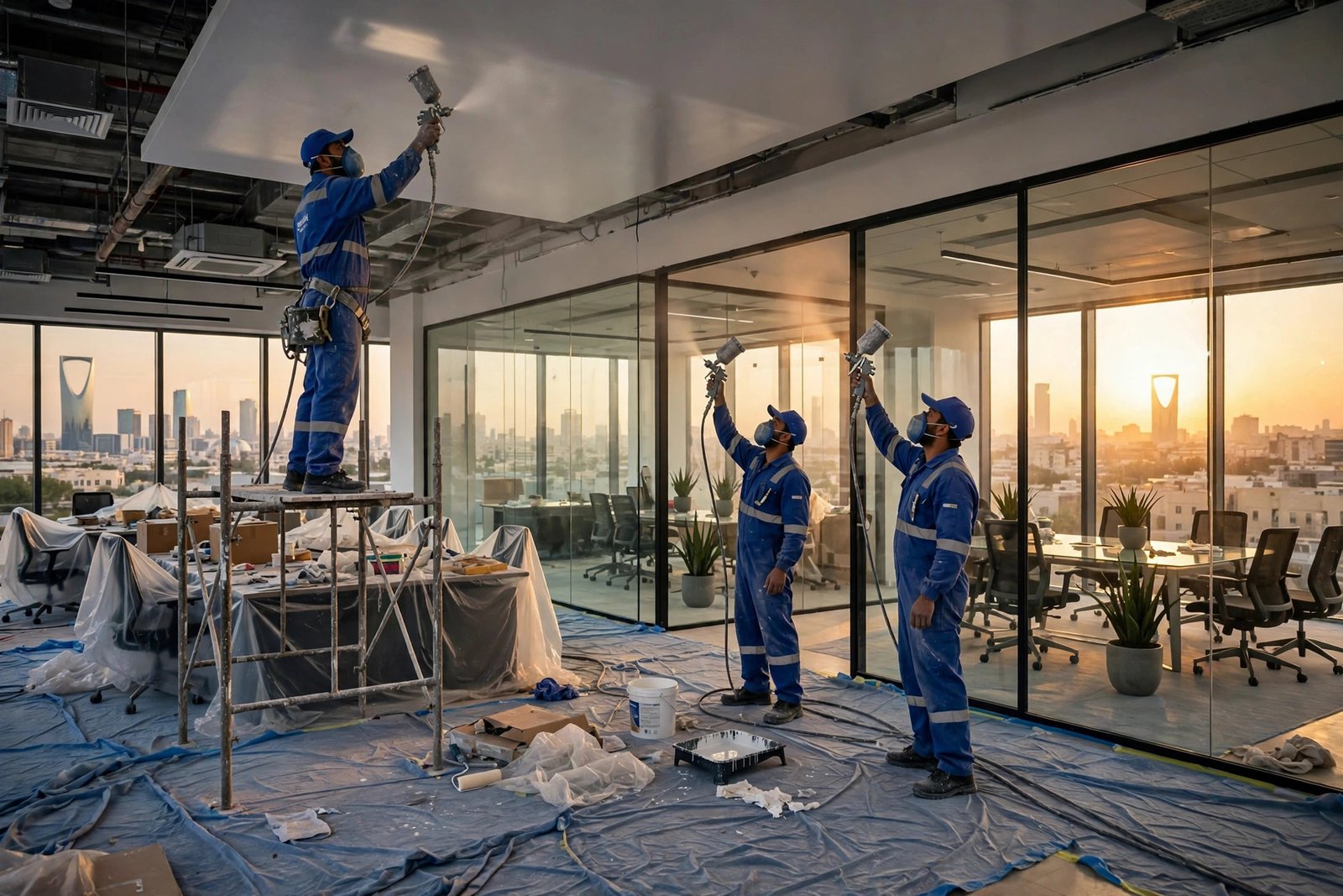 Office painters in Riyadh spray painting a ceiling in an open-plan corporate office
