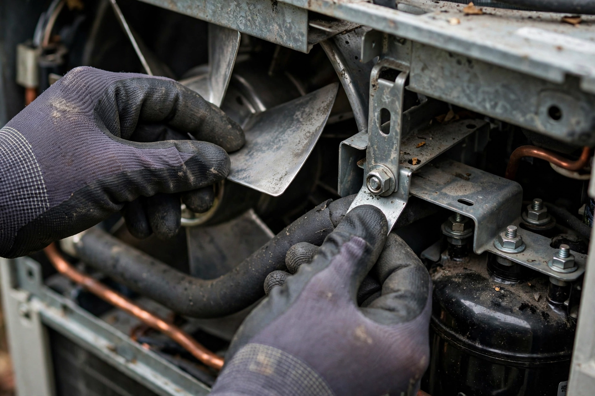 Technician's gloved hands checking loose fan blades and compressor mounts while diagnosing AC vibrating causes