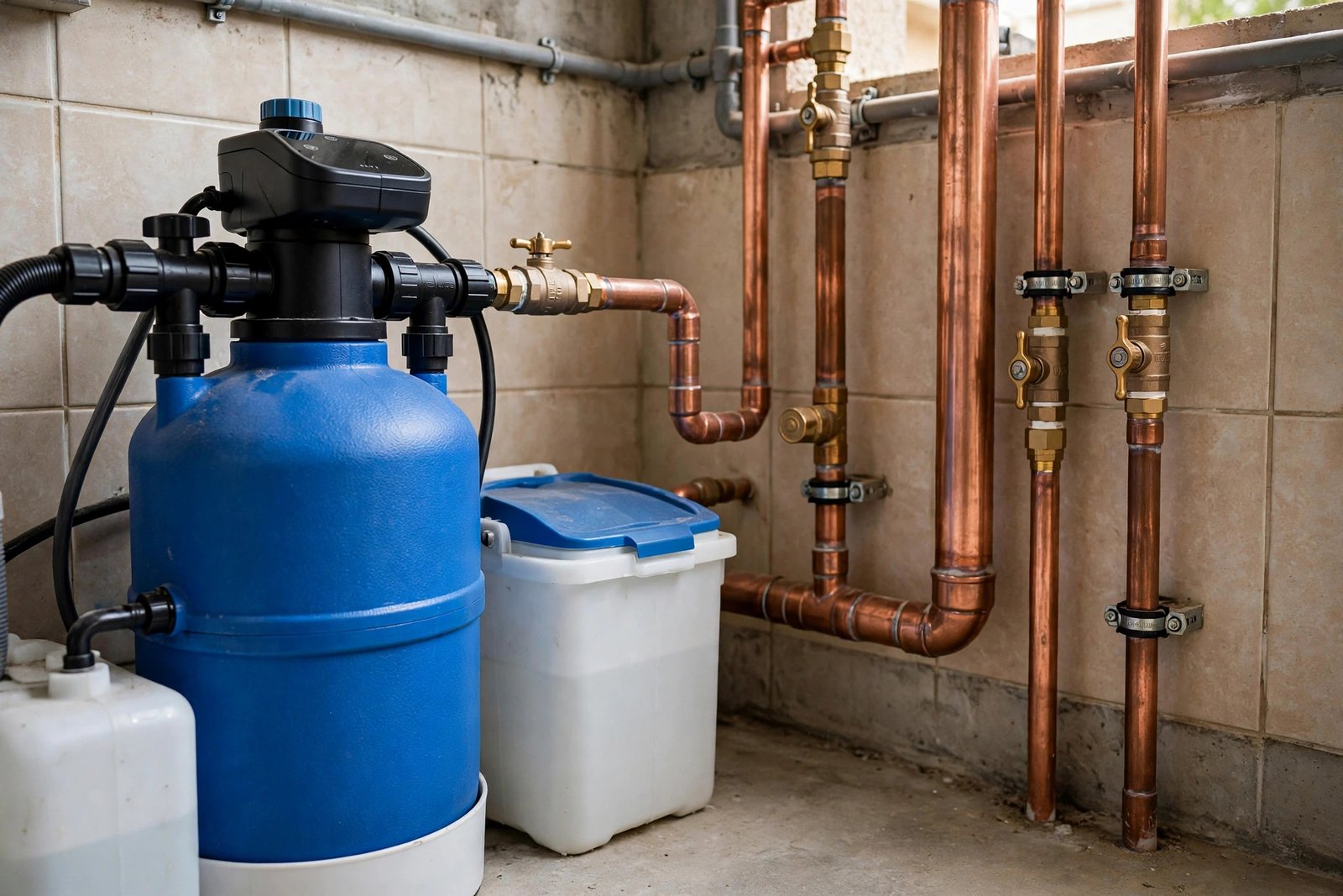 Installed water softener unit with copper pipes in a Riyadh villa garage