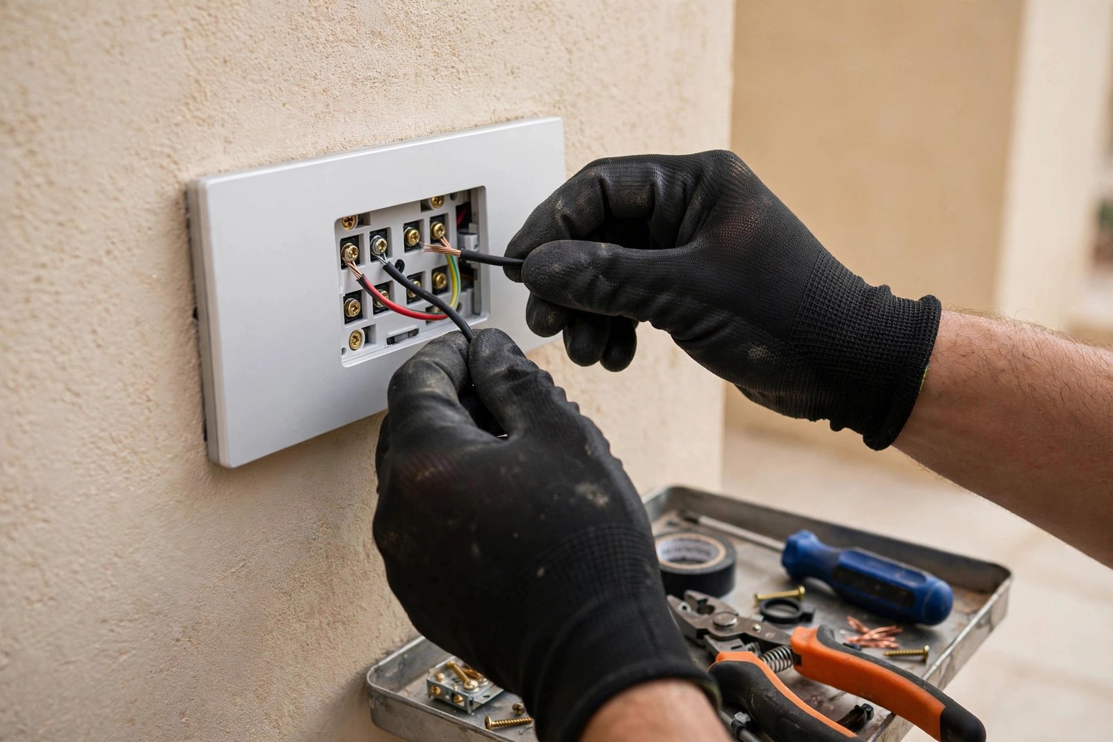 Smart switch installation Riyadh: electrician wiring a smart switch panel with professional tools