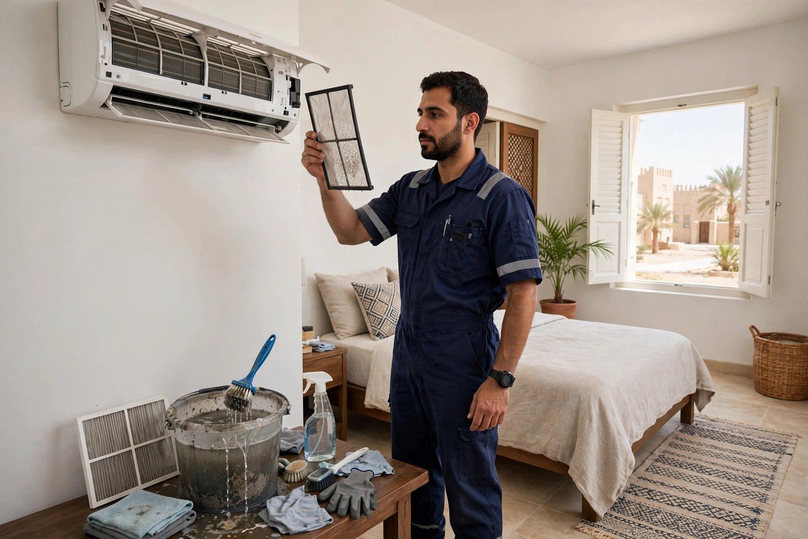 Cleaning washable air filters as part of a pre summer ac tune up for a split AC in a Riyadh home