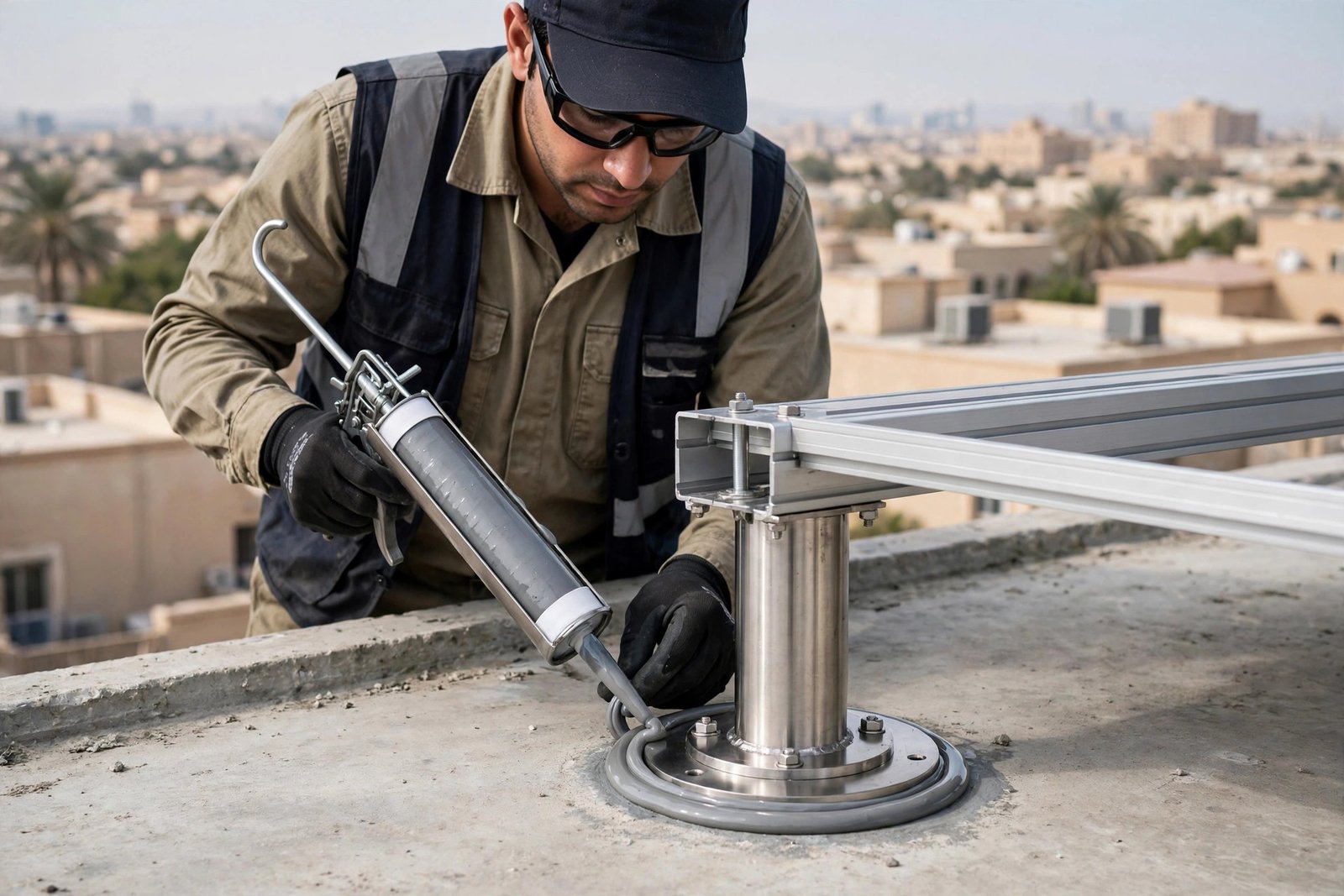 Solar panel mount waterproofing tips: applying polyurethane sealant at a standoff bracket