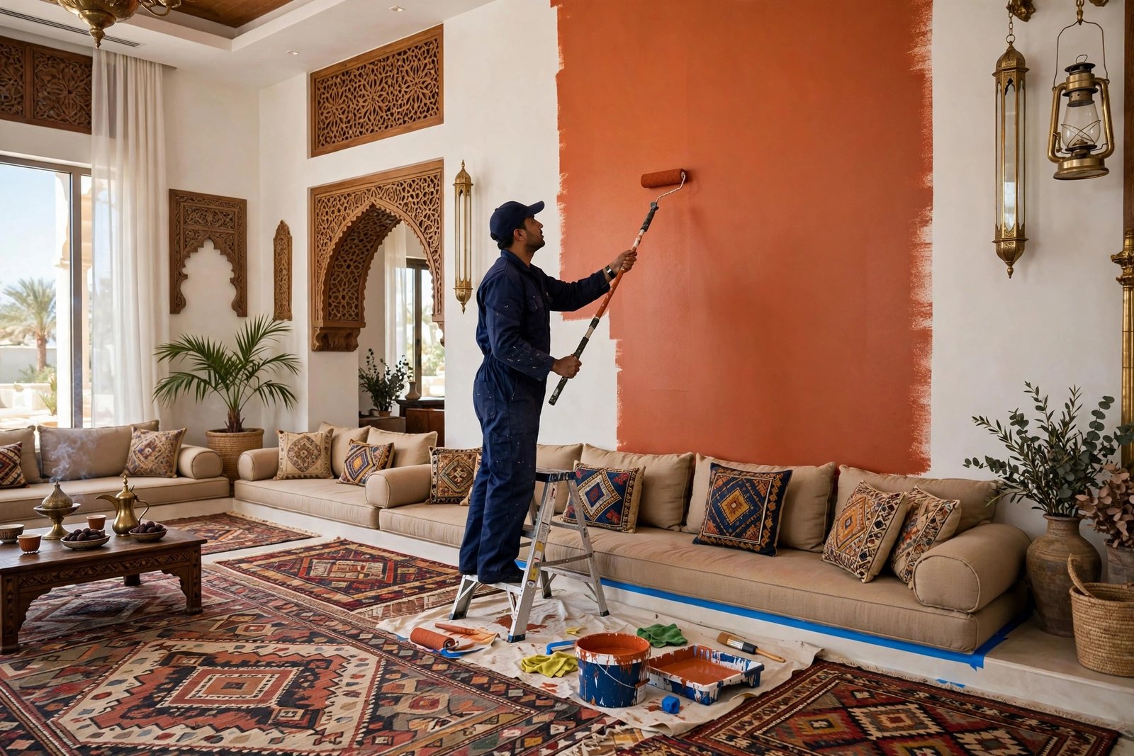 SheelTalab painter painting a terracotta accent wall in a Riyadh villa majlis