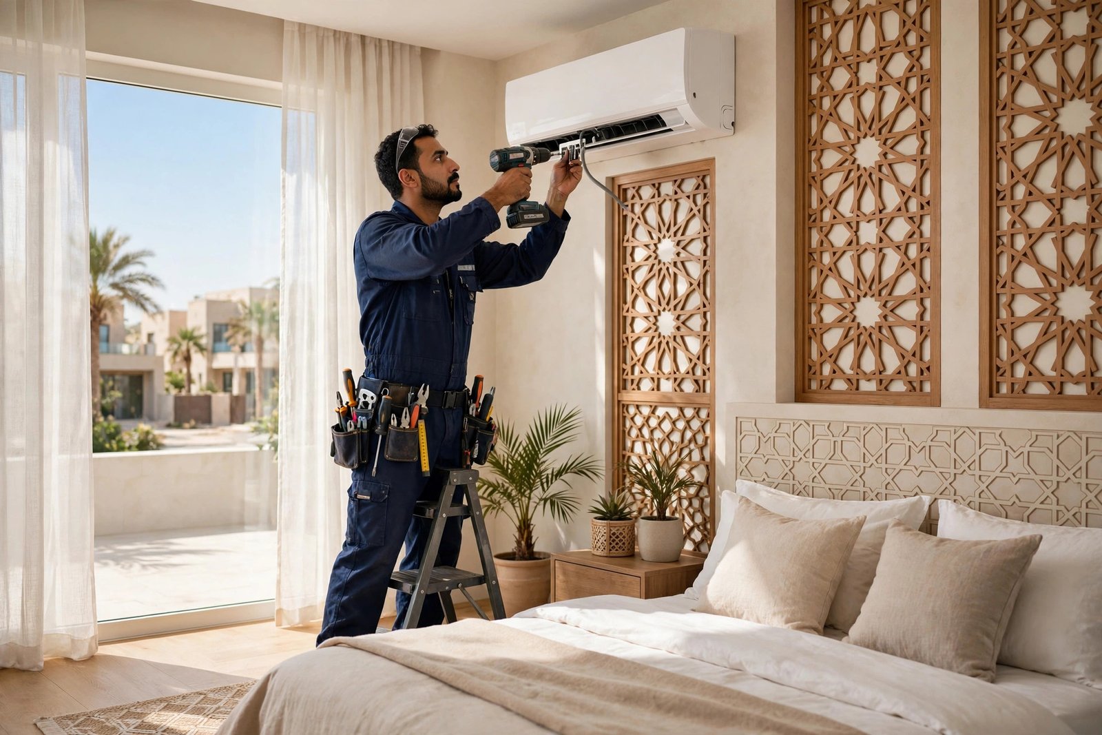 Certified technician installing one of the best split AC brands Riyadh in a villa bedroom
