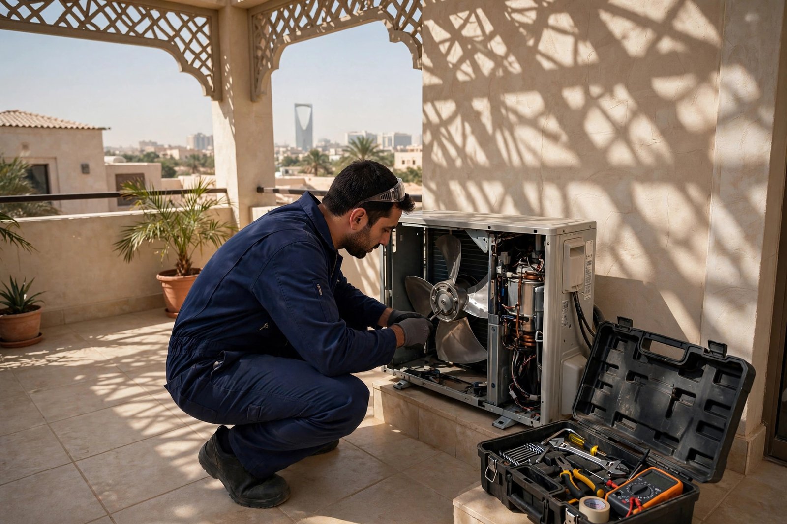 Technician inspecting an outdoor condenser unit to diagnose Samsung AC timer light blinking in Riyadh