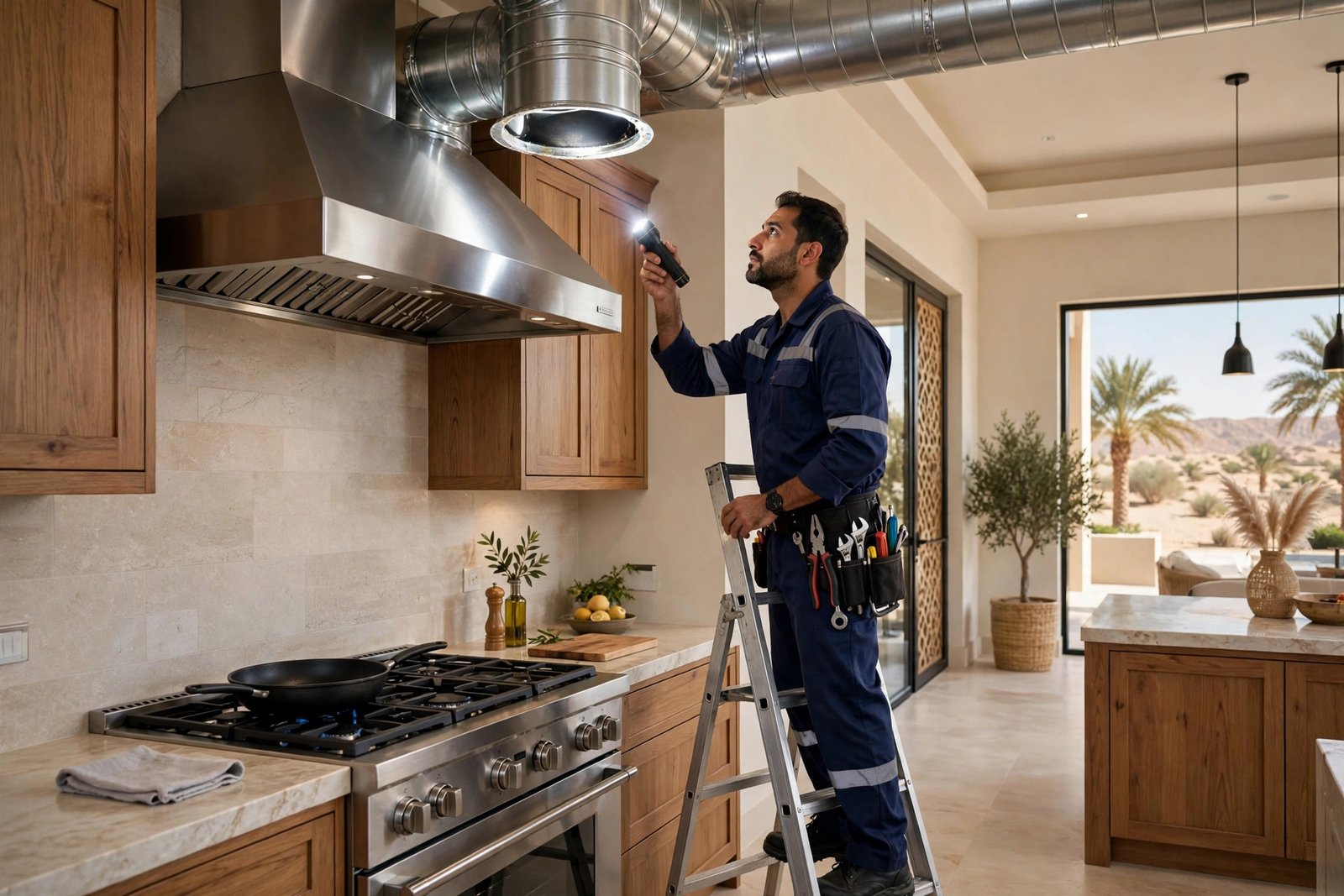 Technician inspecting kitchen exhaust system ductwork and grease trap during a cleaning visit in Riyadh