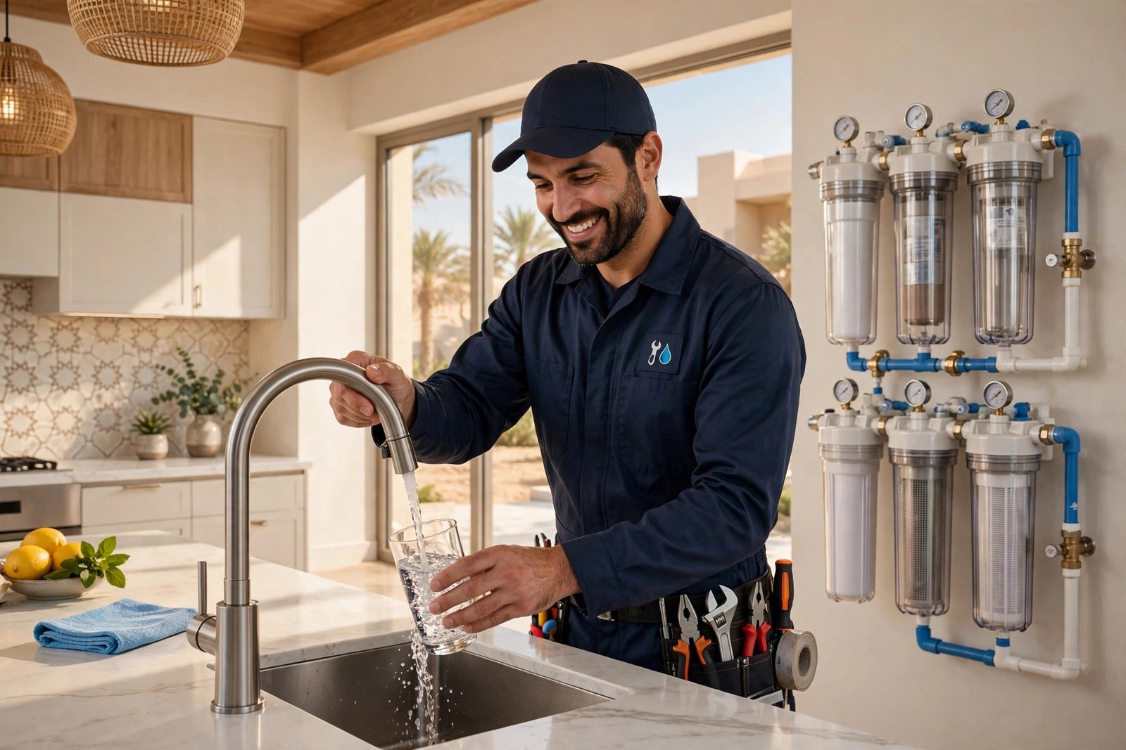 Clean filtered water from a kitchen tap after a best whole house water filter riyadh installation