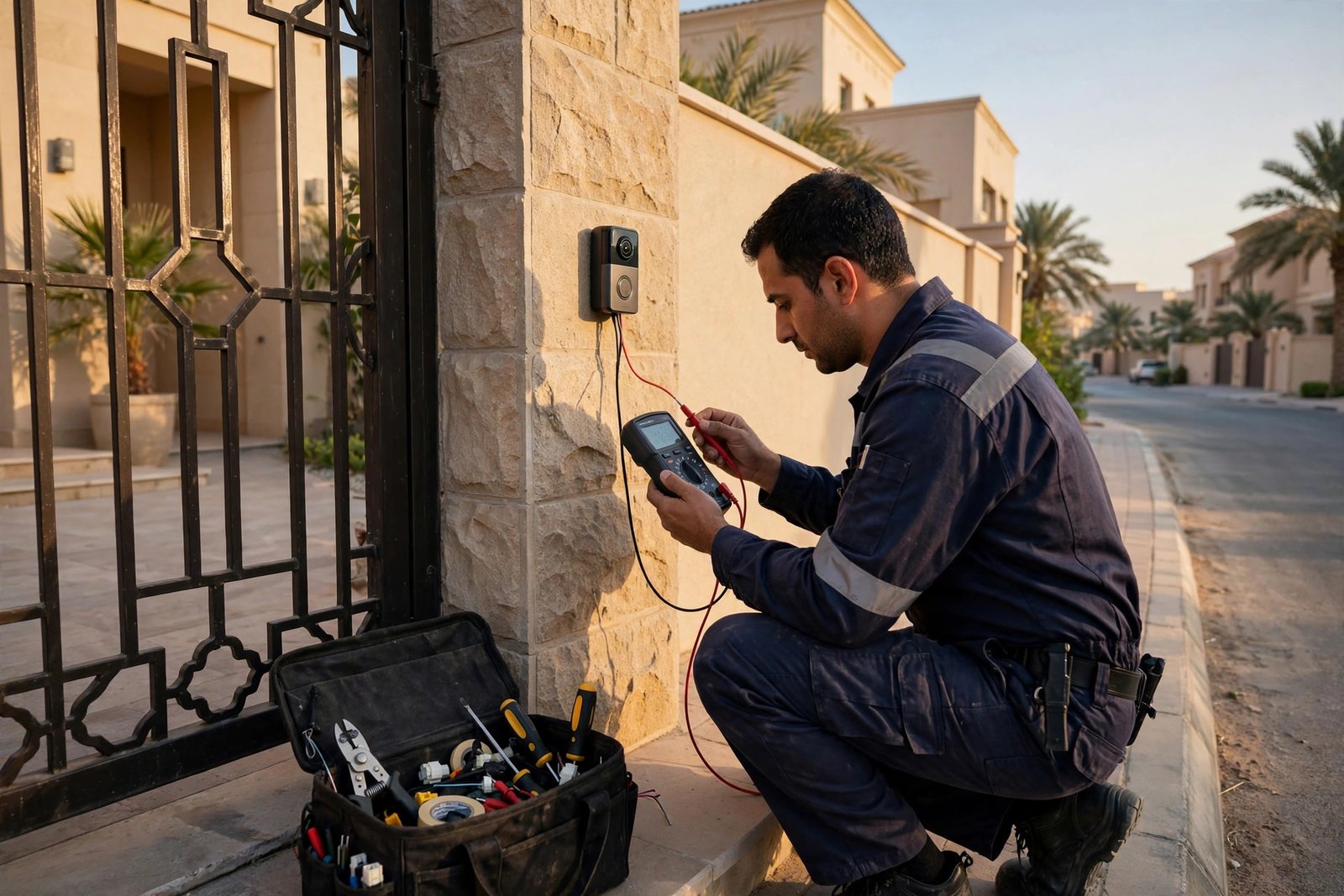 Electrician testing video doorbell wiring voltage with a multimeter at a villa gate in Riyadh