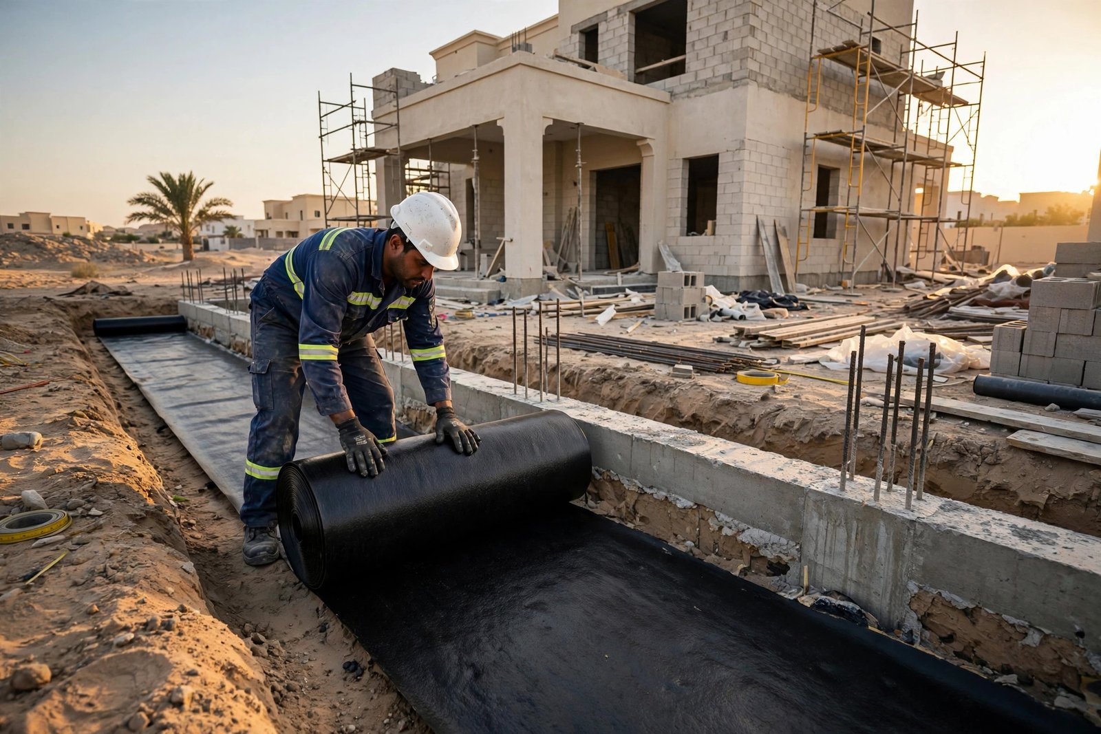 Bitumen membrane unrolled along a foundation footing, the material behind foundation waterproofing cost Riyadh per-meter pricing