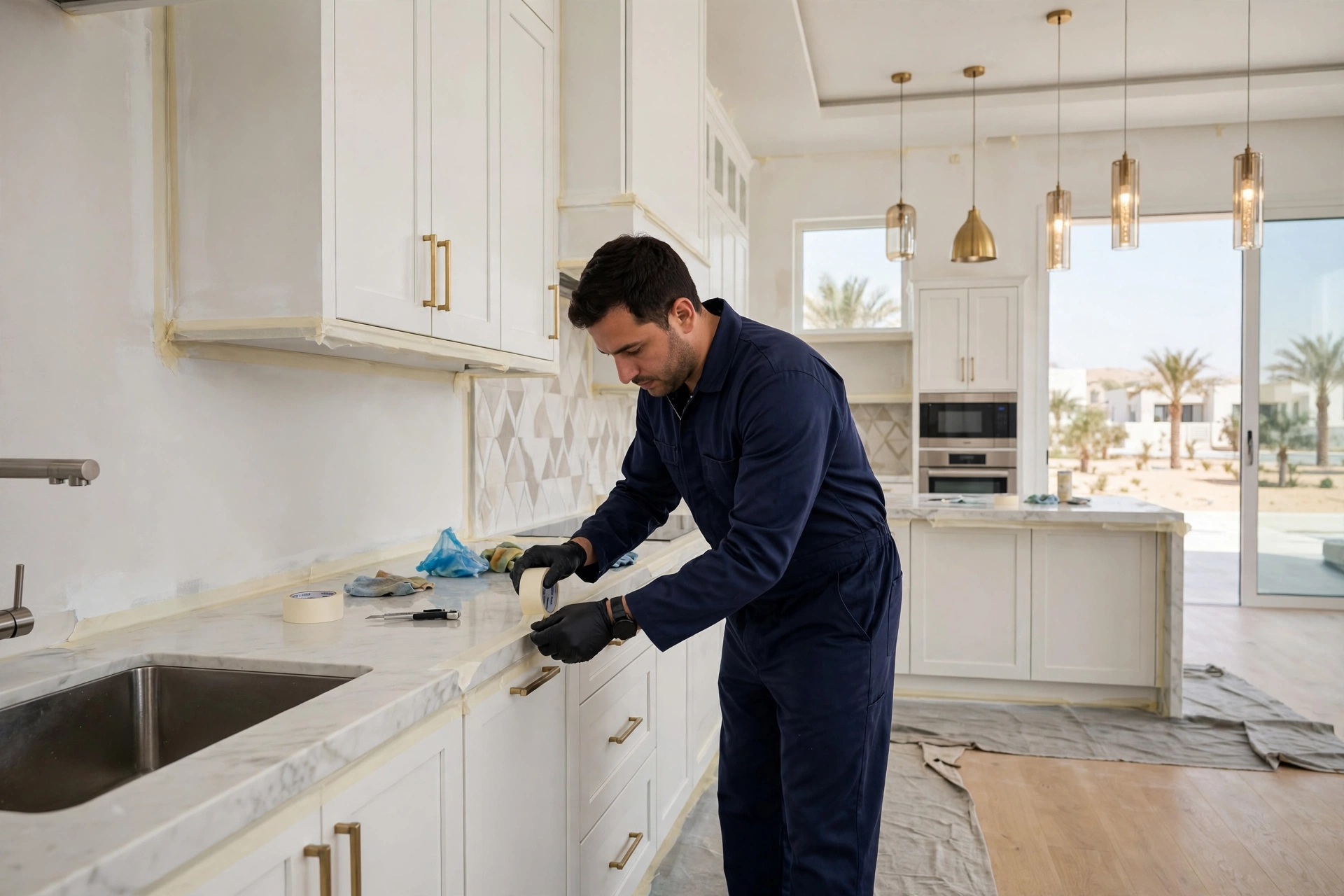 Painter taping off kitchen cabinets before applying wall paint in a Saudi home, prep work from our kitchen wall paint tips checklist