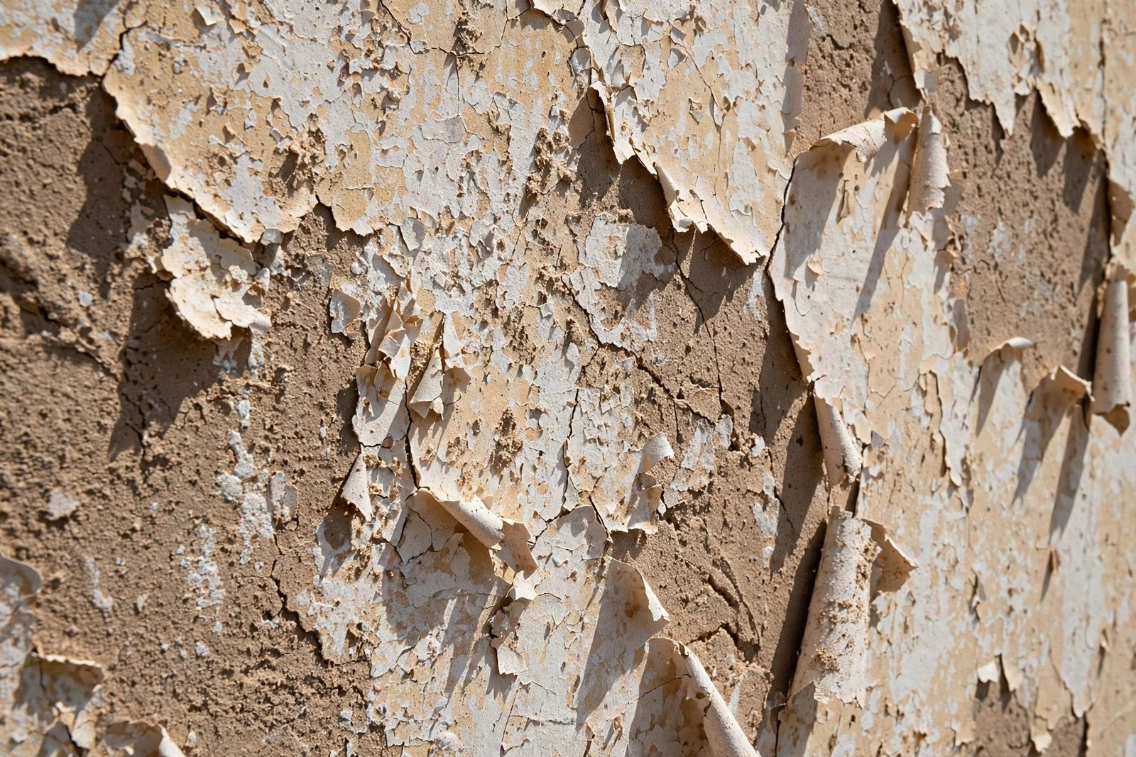 Close-up of chalking and peeling paint, a visible exterior paint fading cause on villa walls