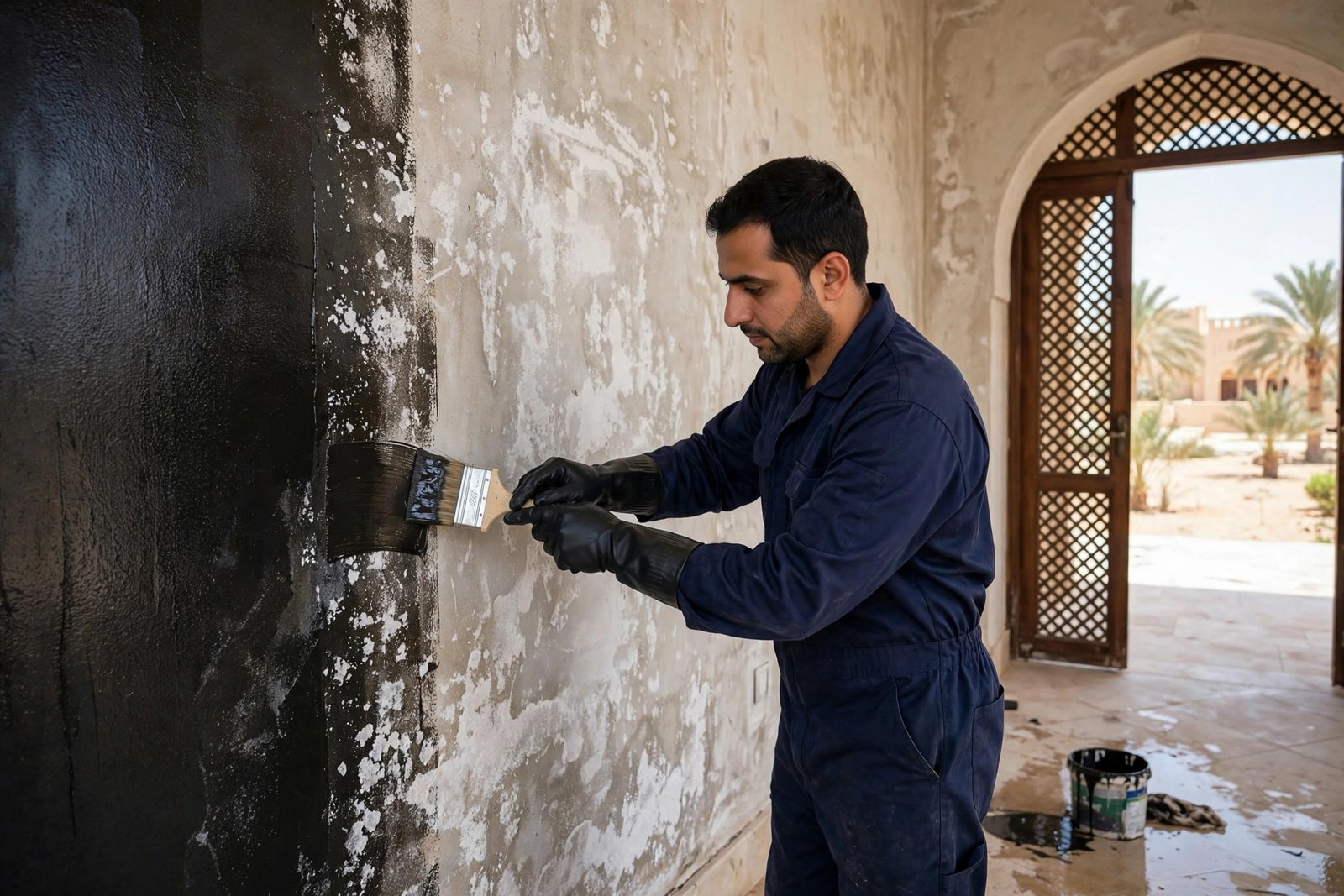 Certified technician applying wall dampness efflorescence treatment sealant to a damp villa wall in Riyadh