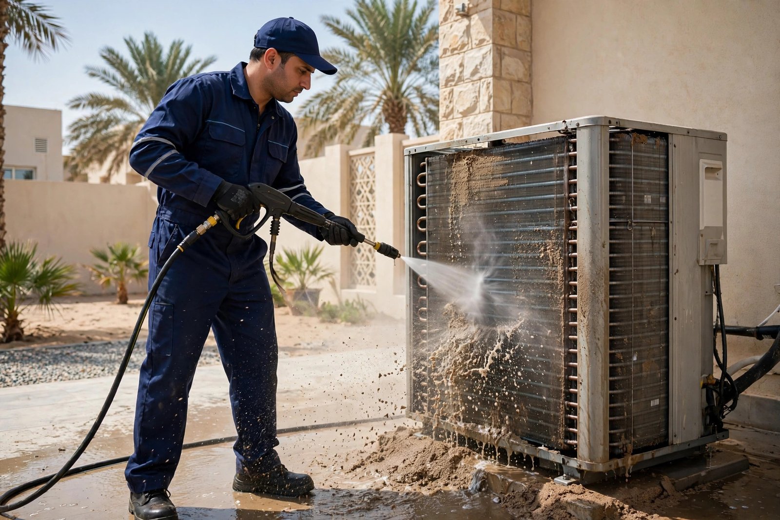 Pressure washing condenser coils as part of post summer AC care steps