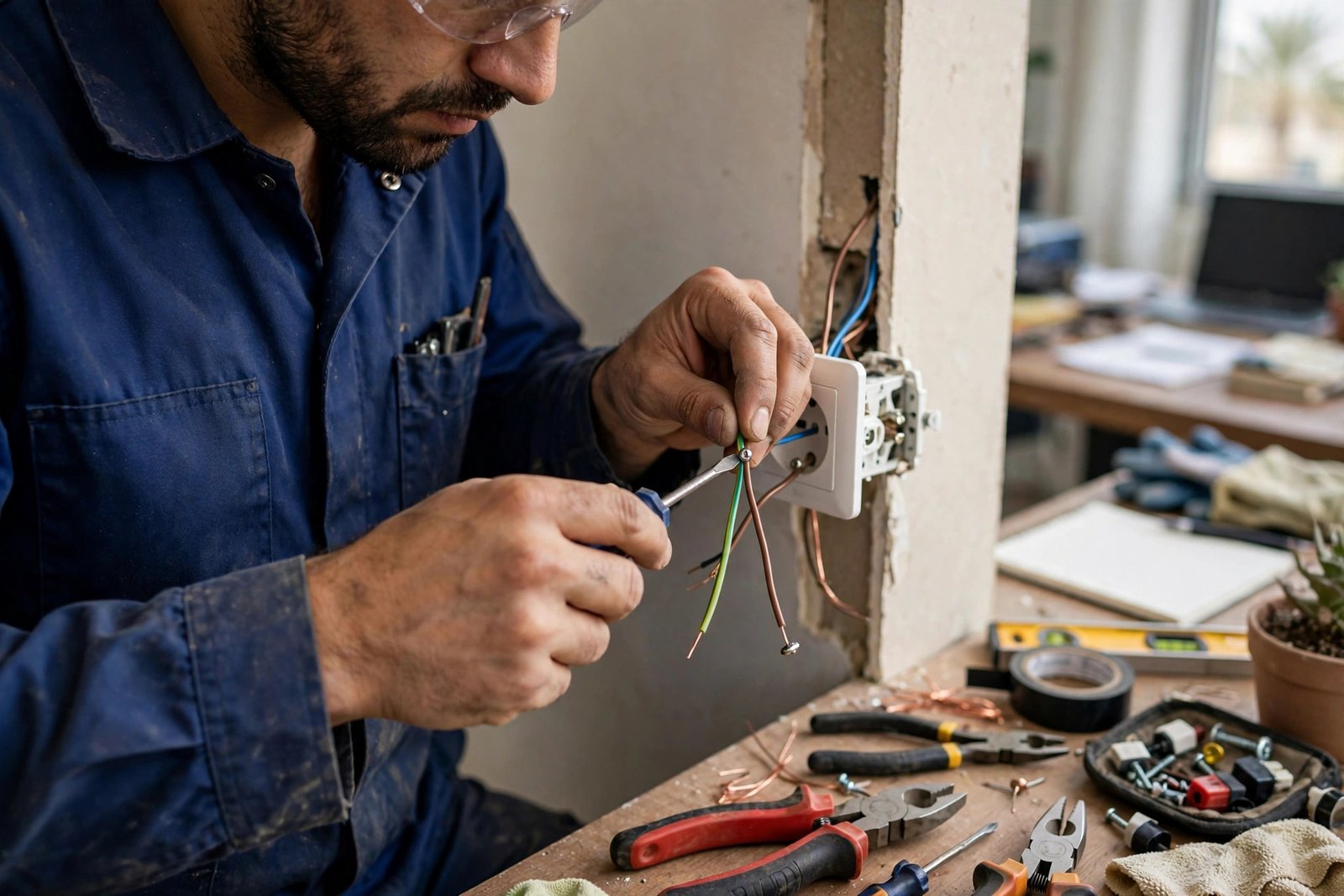 Electrician wiring a power socket in a home office wall, home office wiring tips for Riyadh