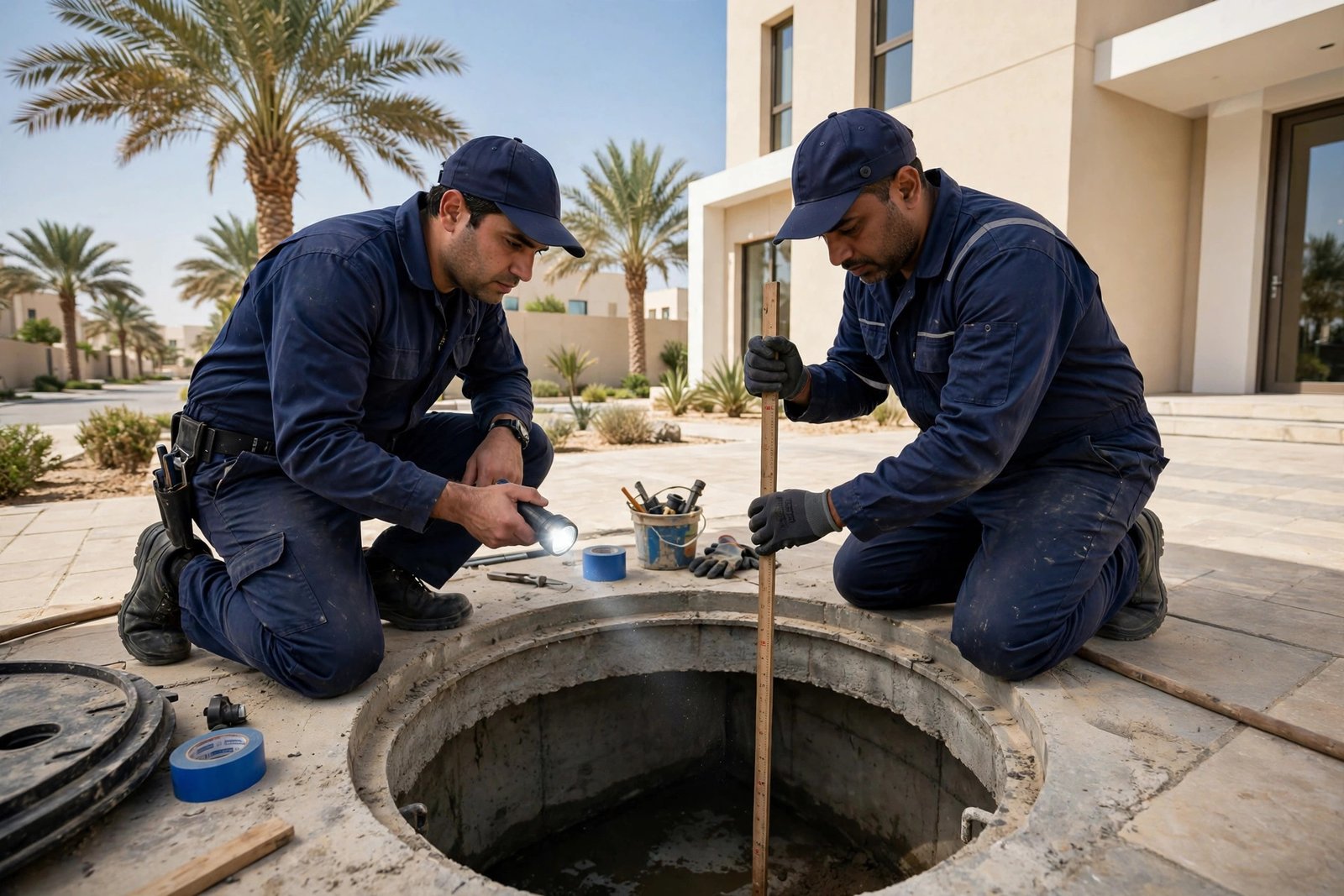 Septic tank maintenance facts: plumbers inspecting a septic tank chamber at a Riyadh villa