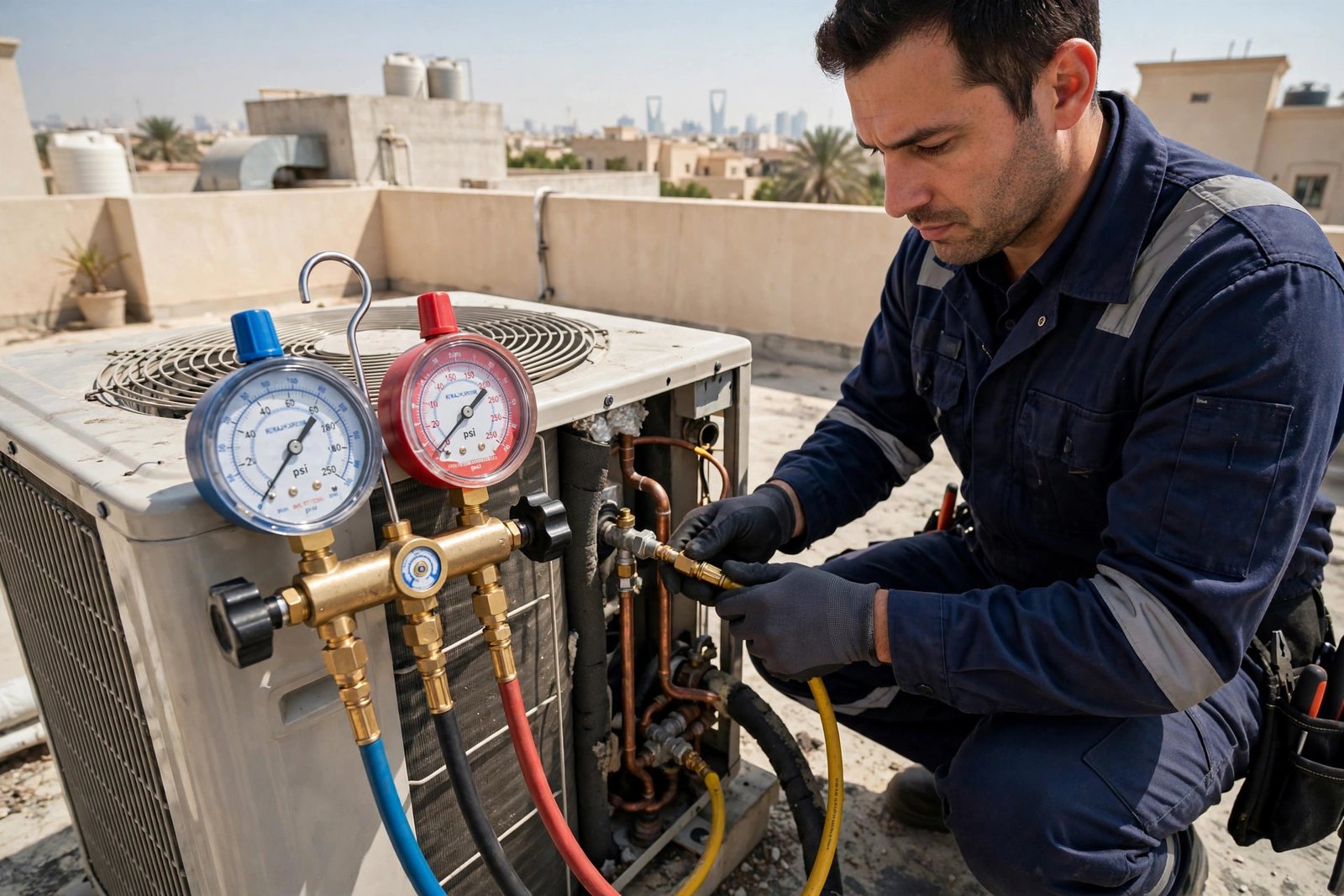 Technician checking pressure gauges on a split AC outdoor unit, split ac price riyadh tonnage maintenance tips