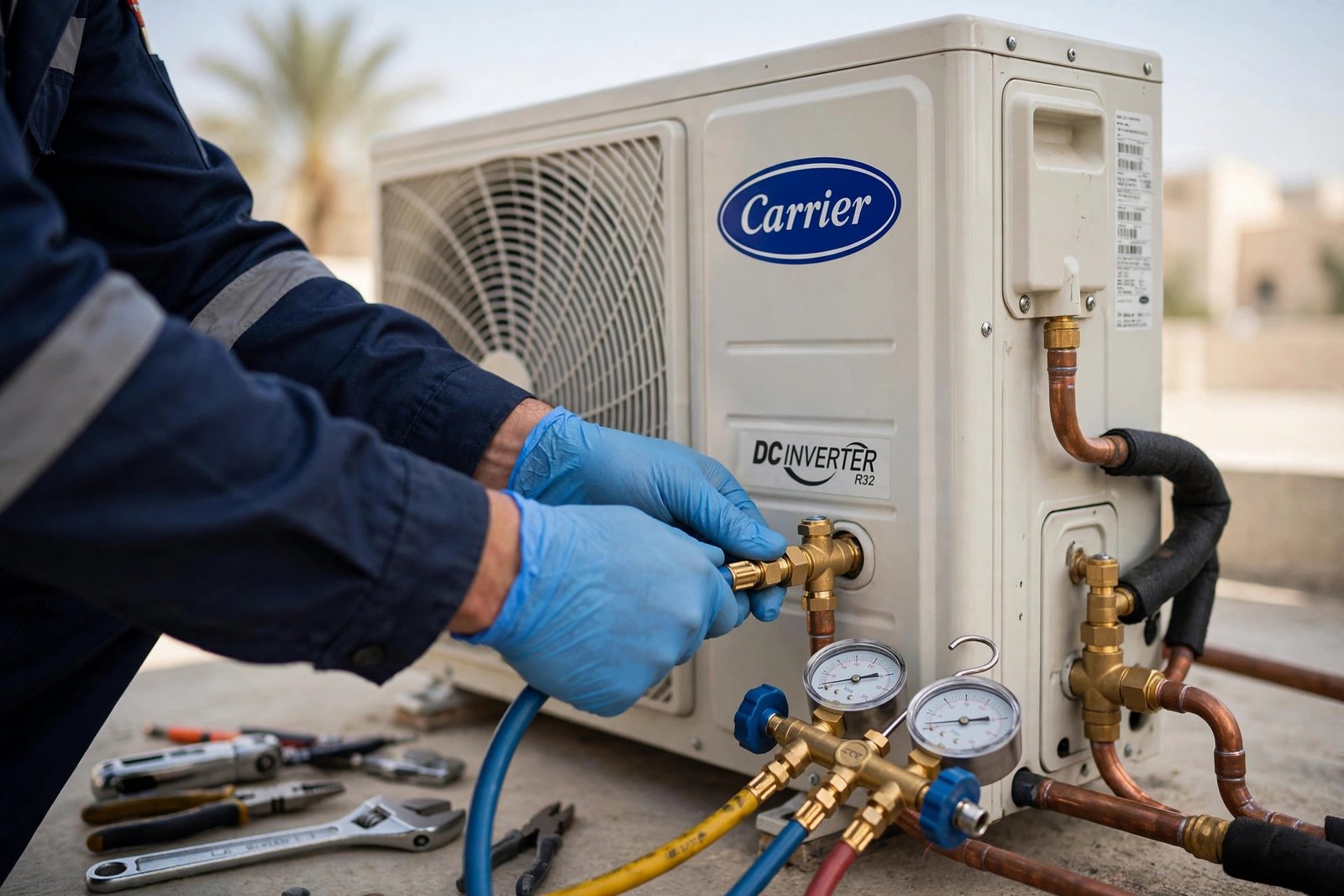 Refrigerant pressure gauge check during Carrier AC repair Riyadh service