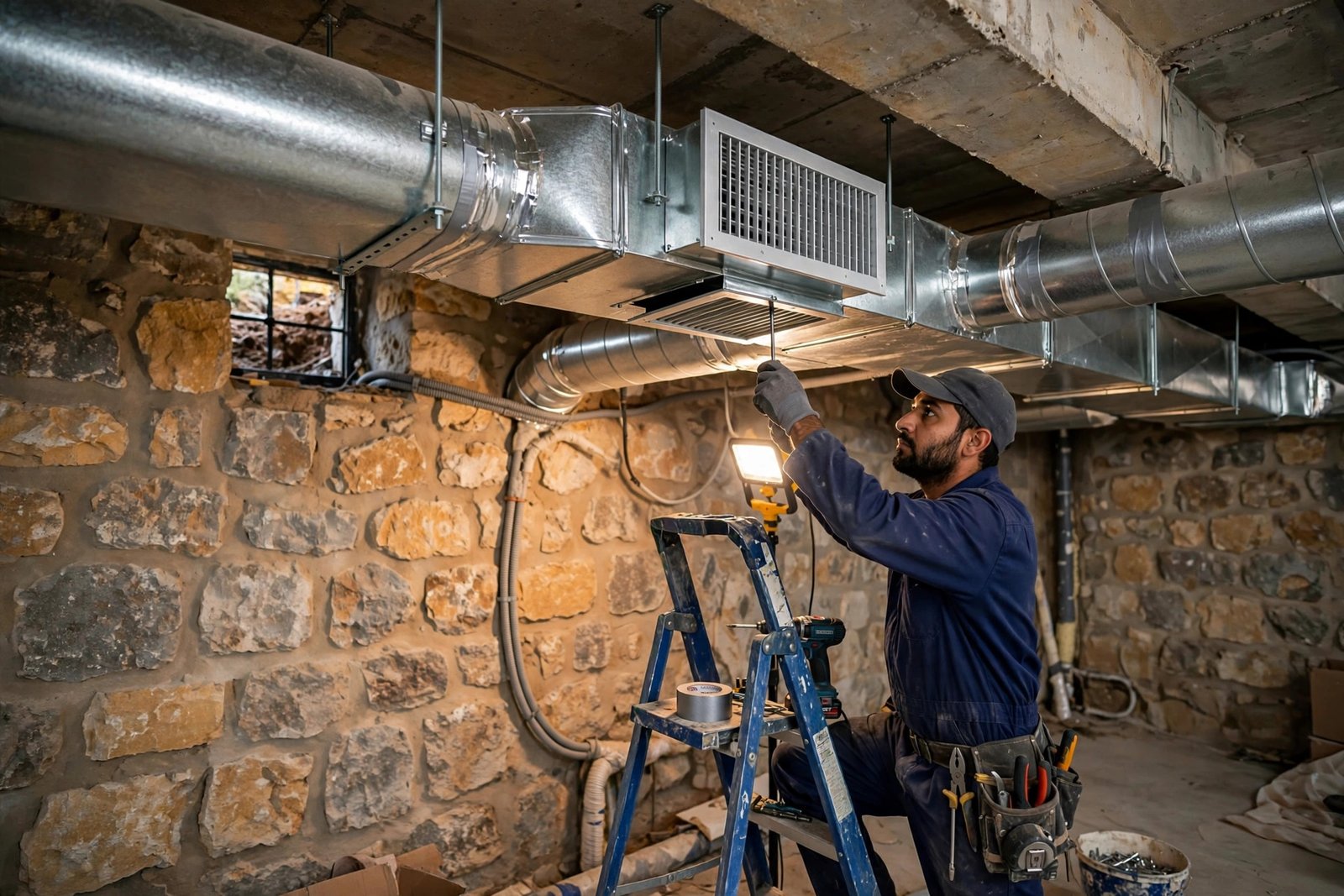 Ductwork and supply grille installation for basement ventilation solutions in a villa basement