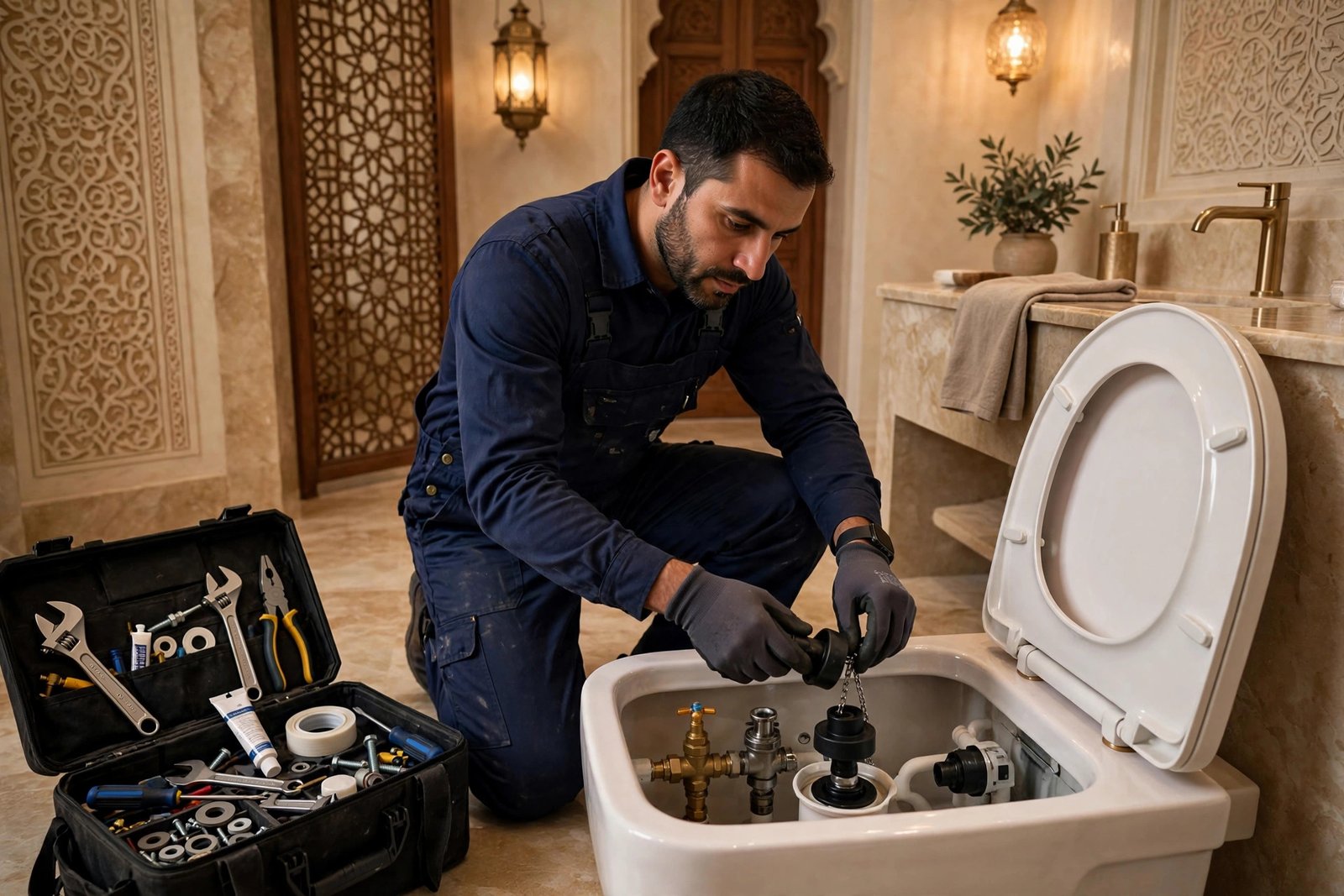Professional toilet keeps running fix in Riyadh: plumber installing a new flapper valve