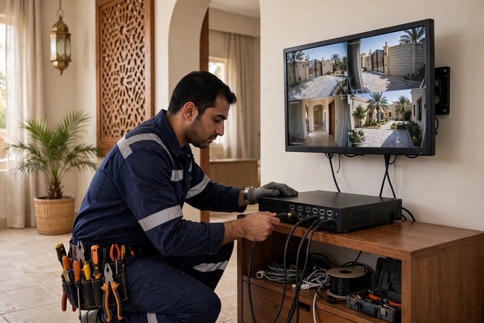 cctv installation cost riyadh: electrician configuring a CCTV recorder and cables inside a Riyadh villa