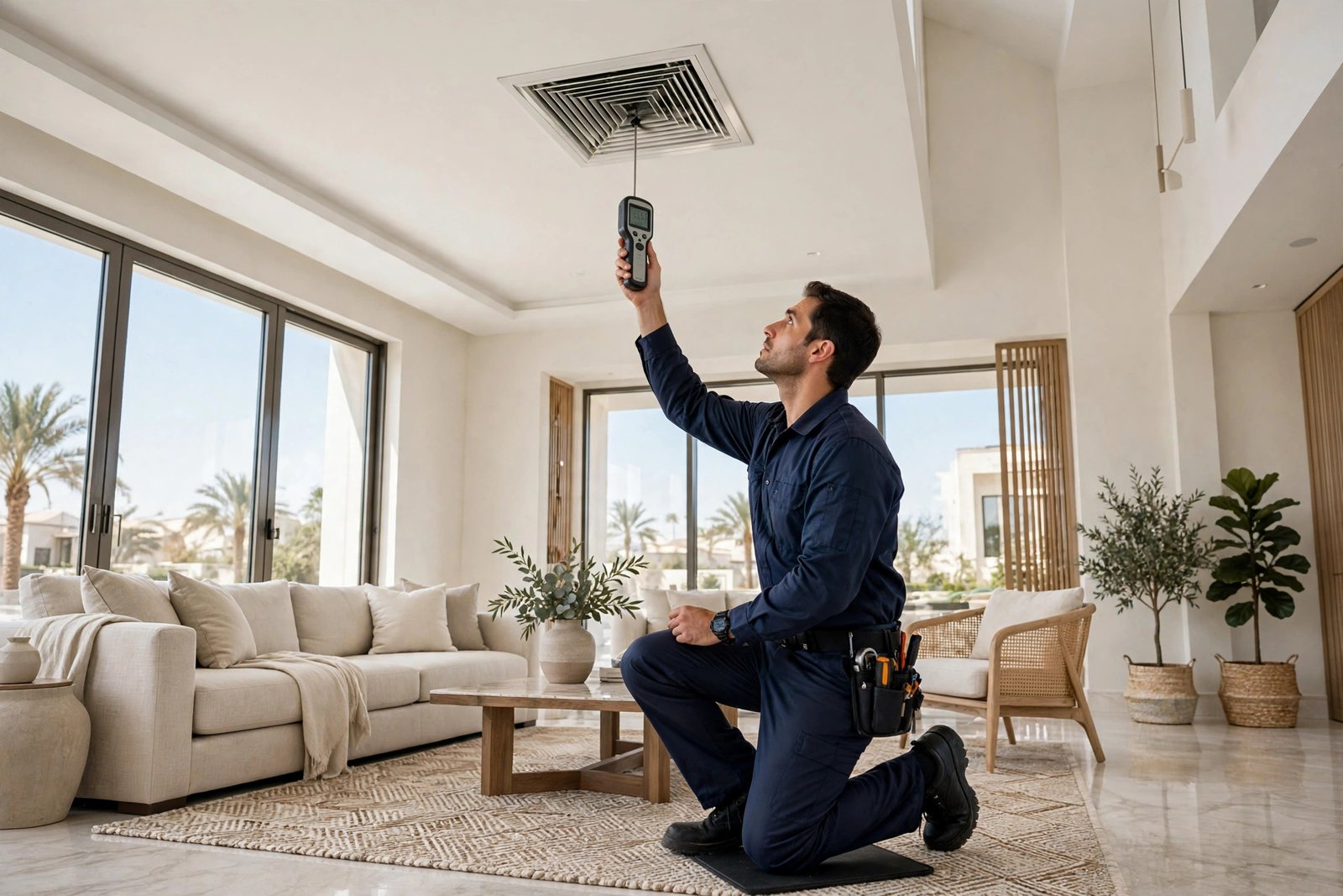 Airflow check at a ceiling vent as part of a ducted AC service Riyadh package