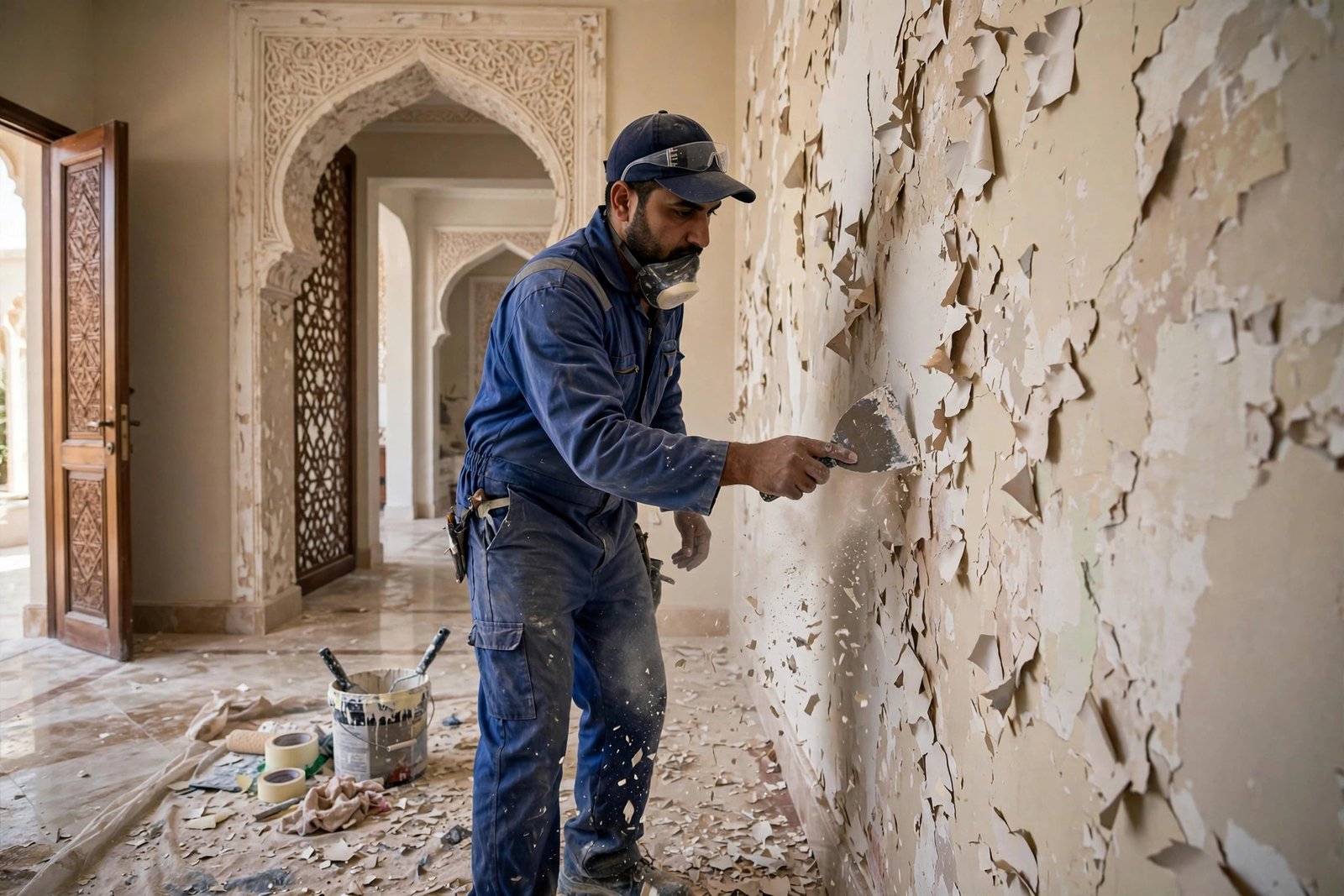 Professional painter scraping peeling paint before repainting a wall in Riyadh