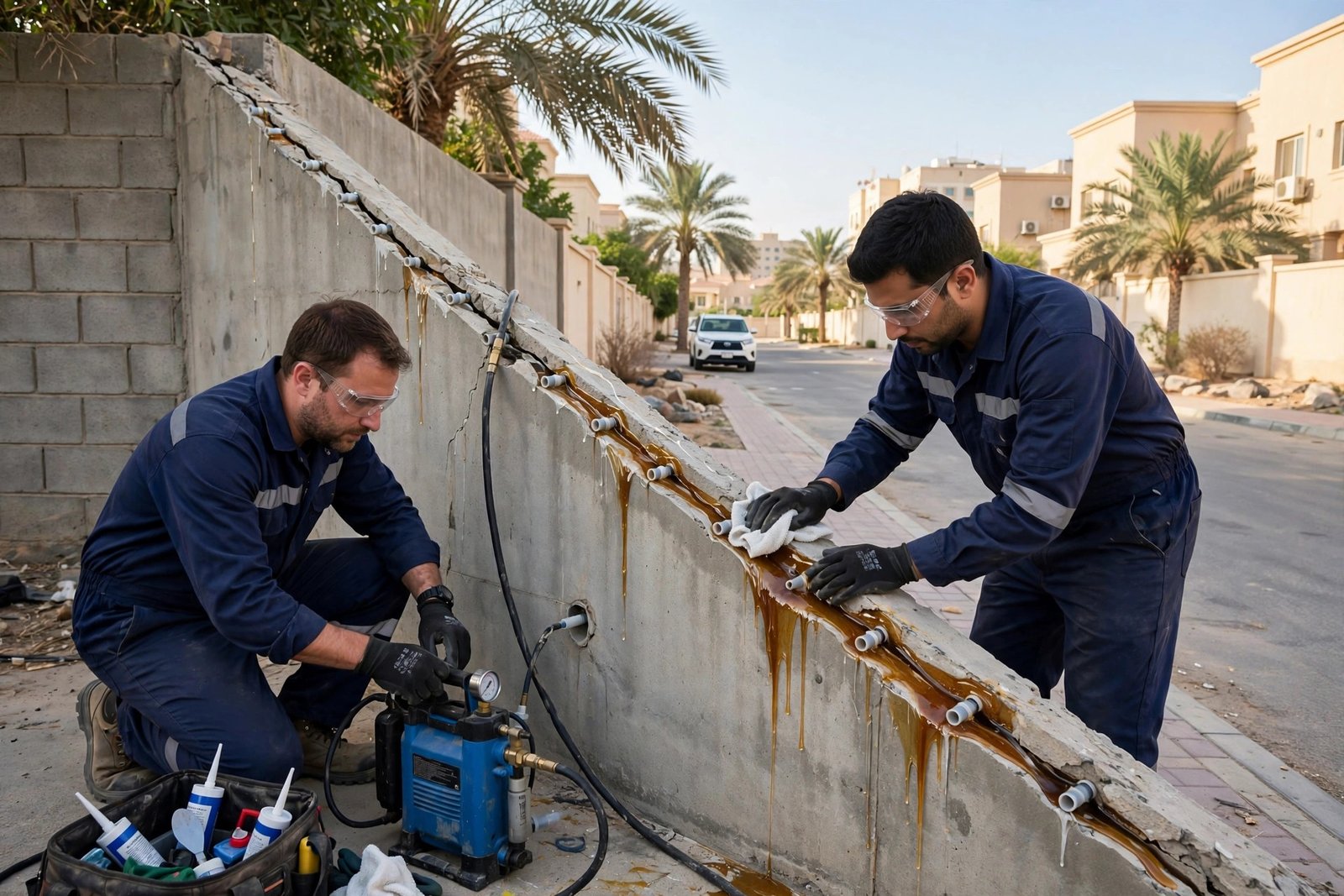Concrete crack injection repair with epoxy pump on a villa boundary wall in Riyadh