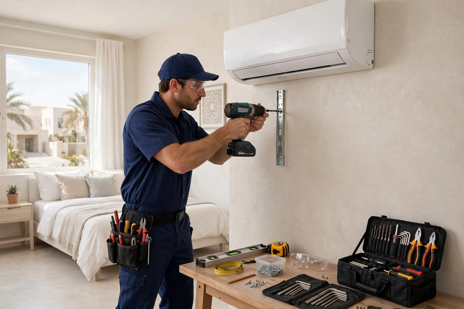 ac installation for ramadan: technician installing a new split AC unit in a Riyadh bedroom