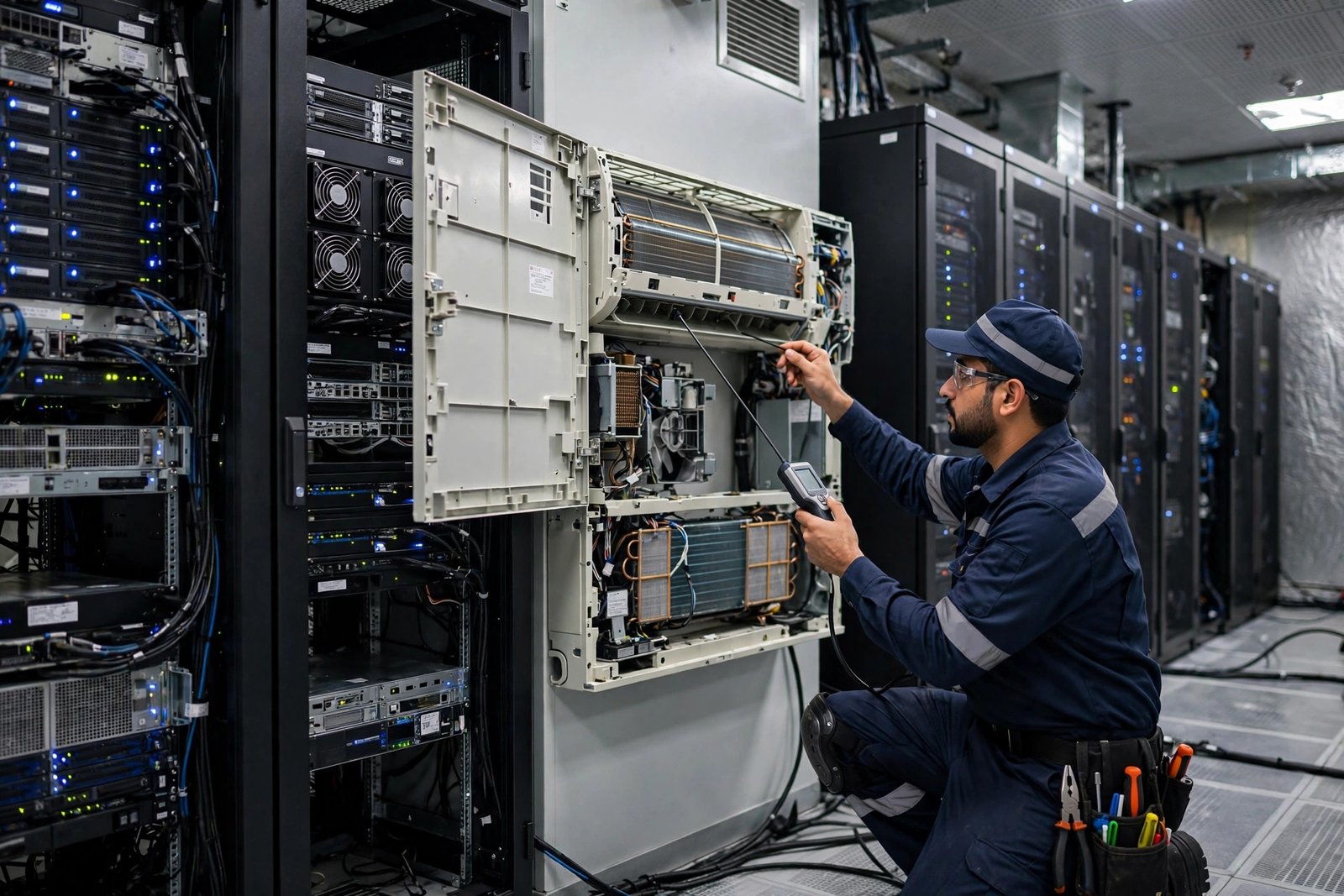 HVAC technician testing airflow during a server room AC installation Riyadh job beside active server racks