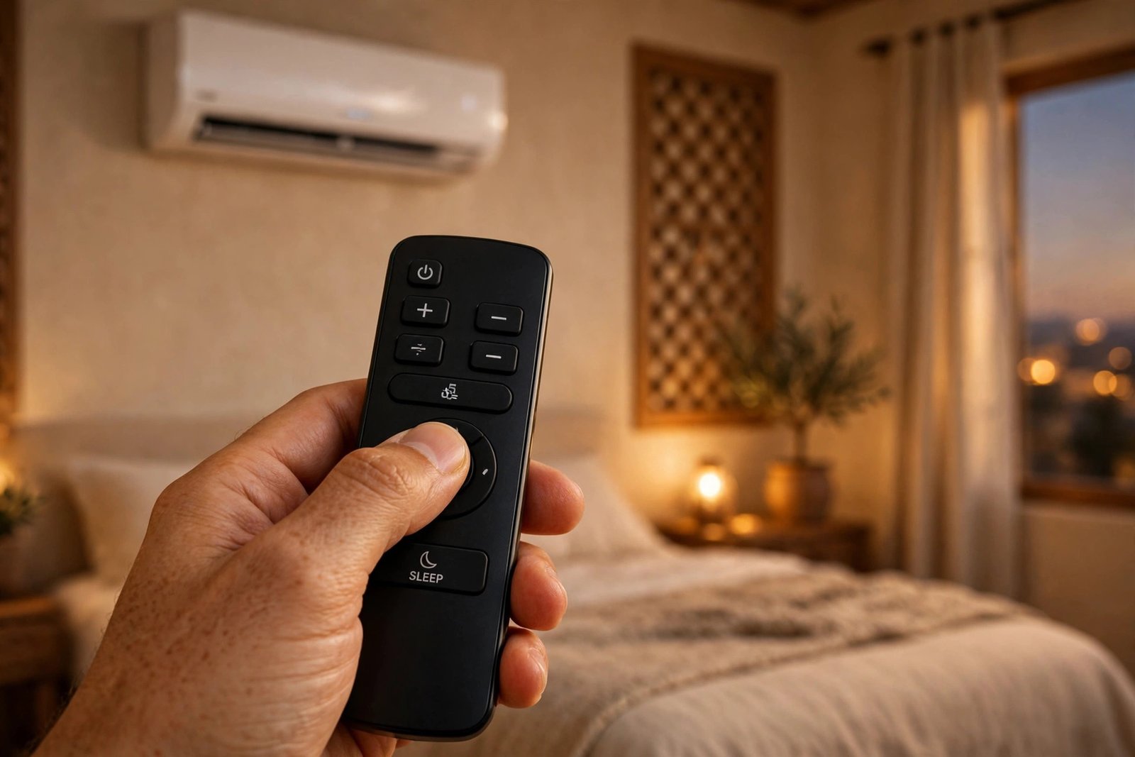 Hand pressing sleep mode button, one of the best ac sleep mode timer tricks for Riyadh nights