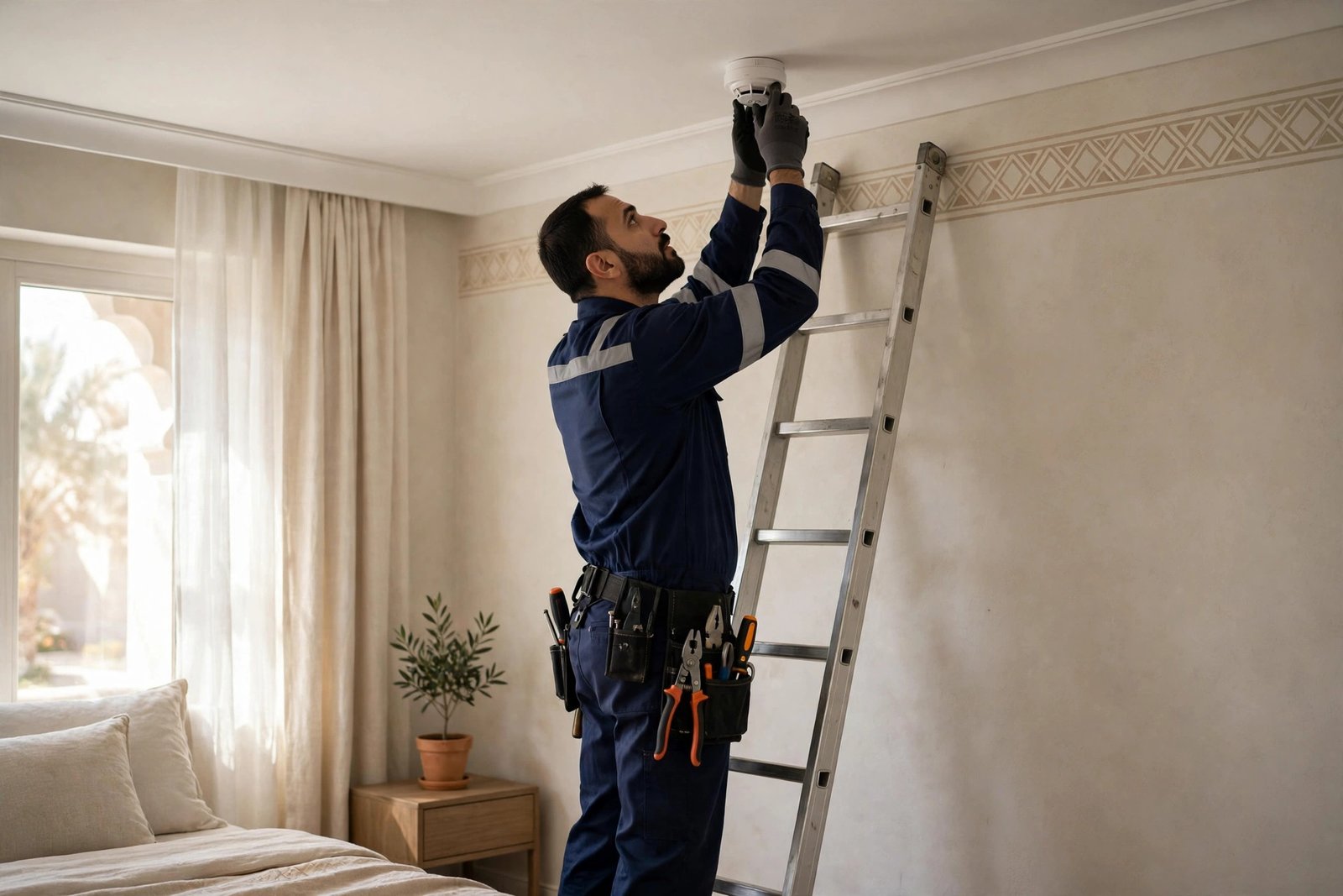 Electrician mounting a smoke detector on a bedroom ceiling following smoke detector placement rules