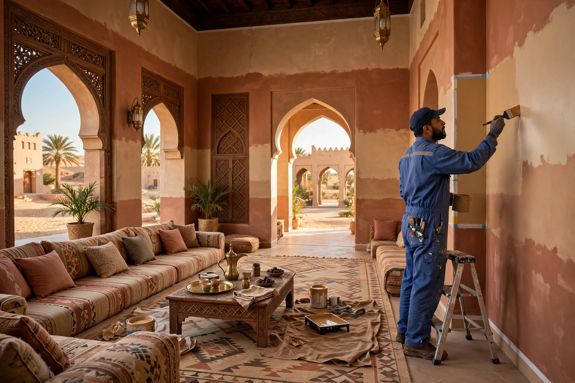 Saudi villa majlis with desert tone walls painted in 2026 trending terracotta and beige colors