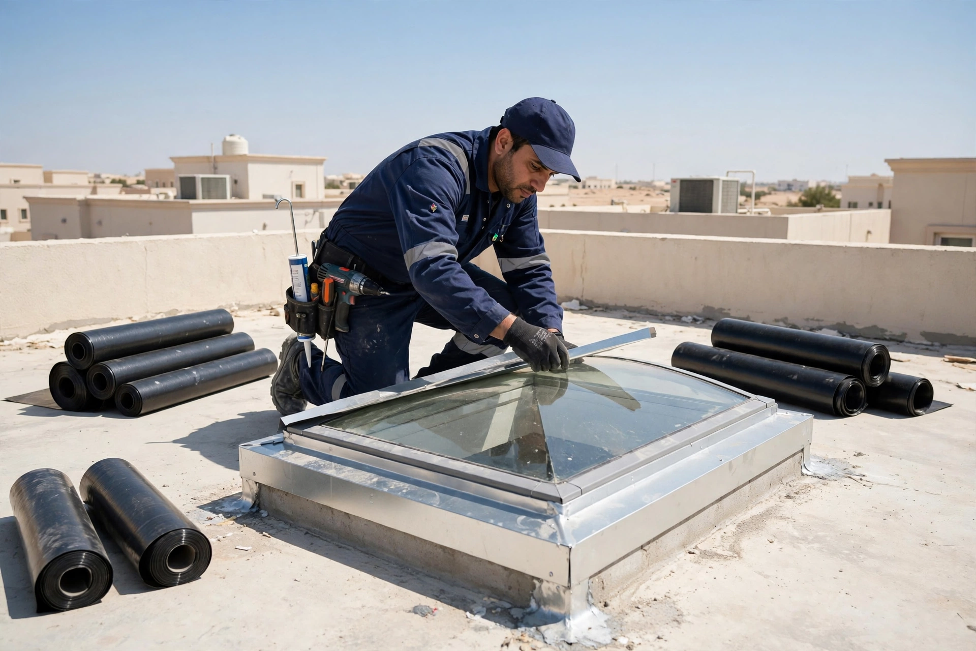 Installing new metal flashing around a skylight curb as a permanent skylight leaking rain fix
