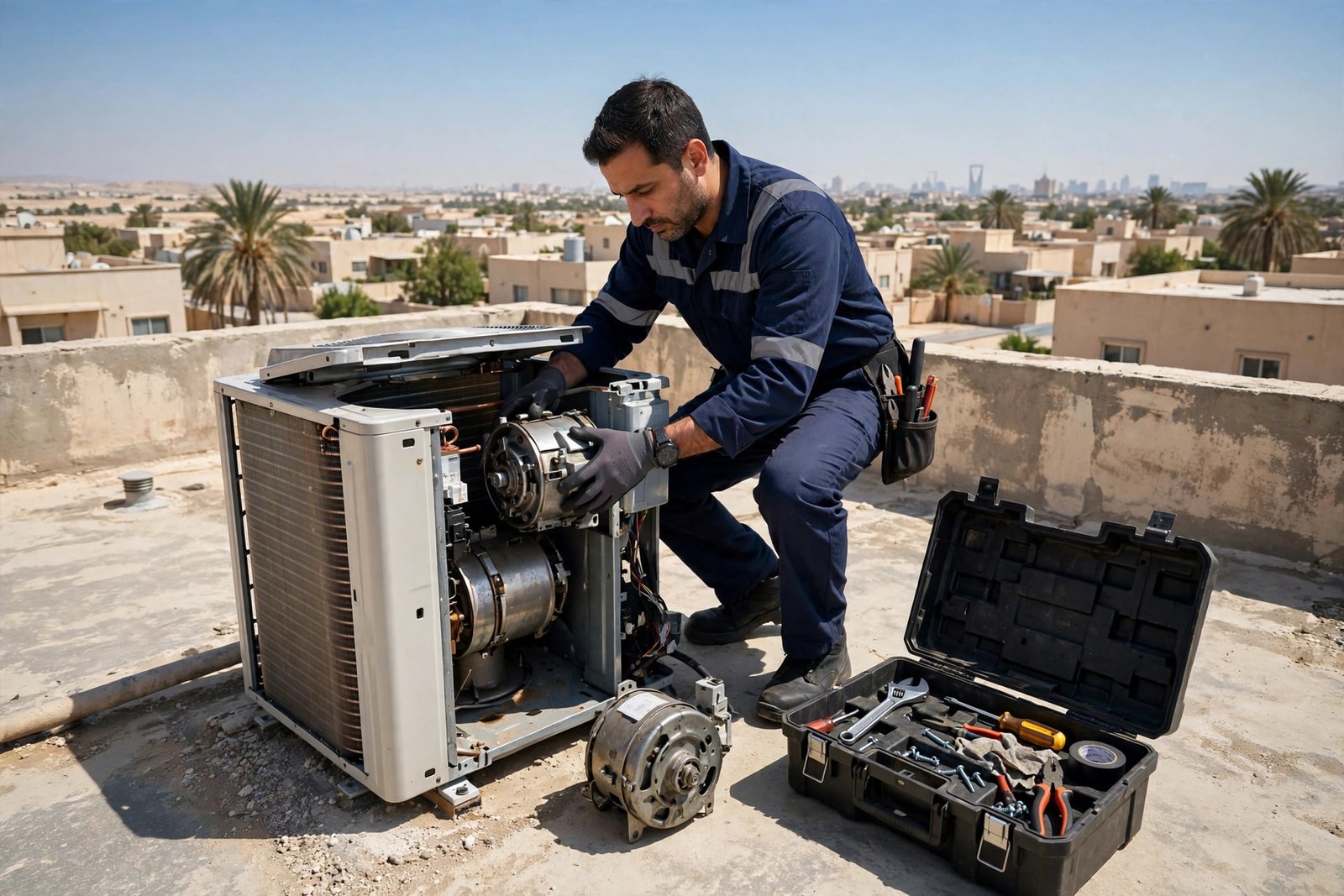 AC technician replacing a faulty fan motor inside an outdoor AC unit on a Riyadh rooftop