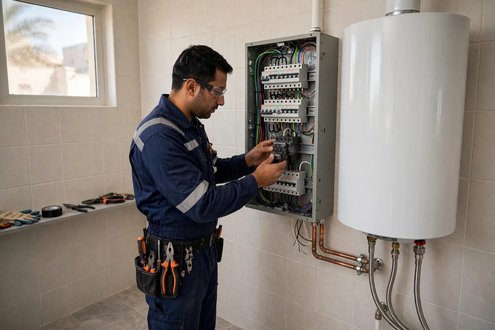 Electrician fitting a dedicated breaker for a safe water heater installation cost riyadh service