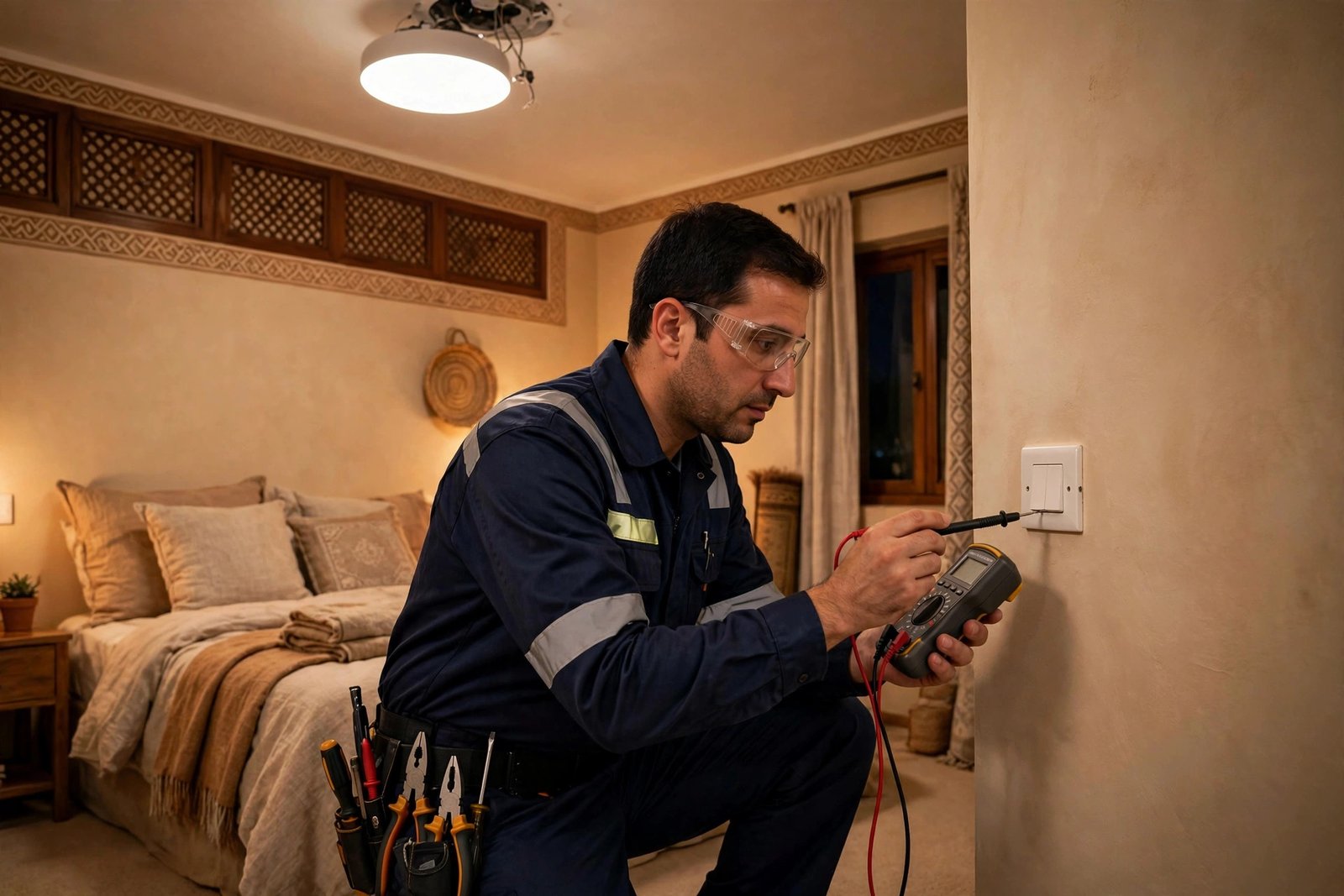 Electrician doing power outage one room checks on a bedroom light switch and ceiling light in Riyadh