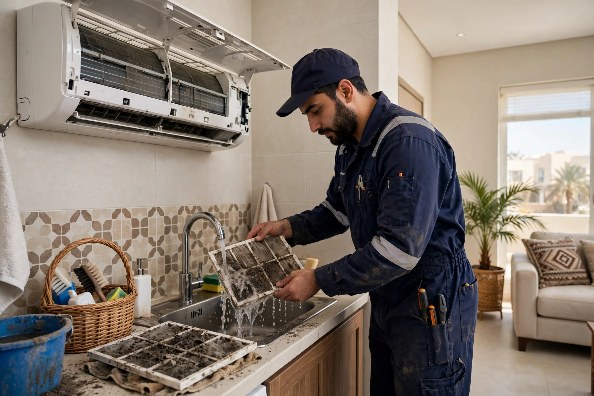 Technician washing dirty AC filters that cause a split AC leaking water inside