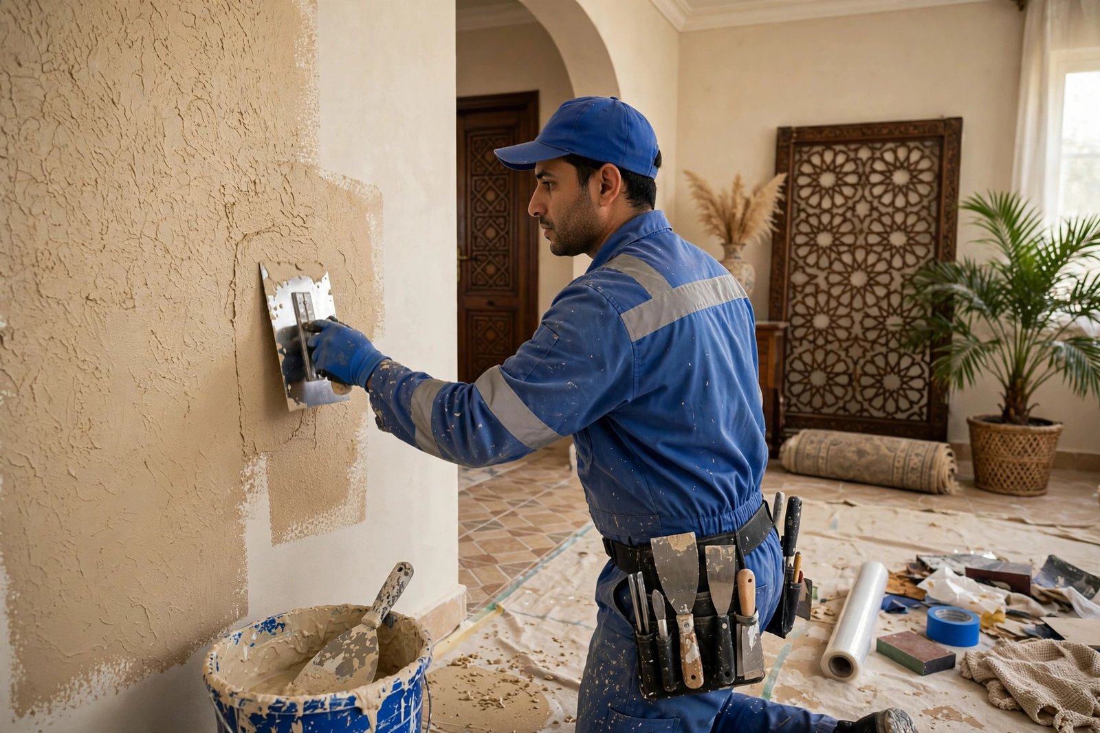 Close-up of sandstone effect textured wall paint styles on a Saudi home interior wall